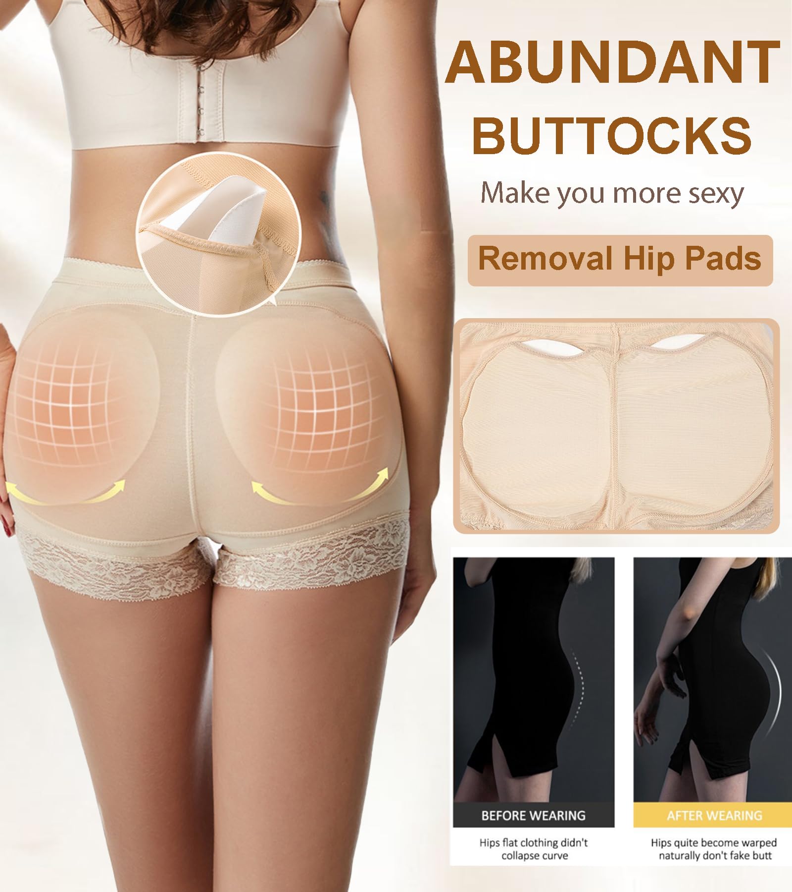SOLO ACTFIT Mutande Imbottite Donna Hip Lifter Body Shaper Mutande Imbottite Boxer Push Up Invisible Perfetto Hip Senza Panty Control Giunte Modellante Shapewear Pantaloni con Cuscinetti Rimovibili