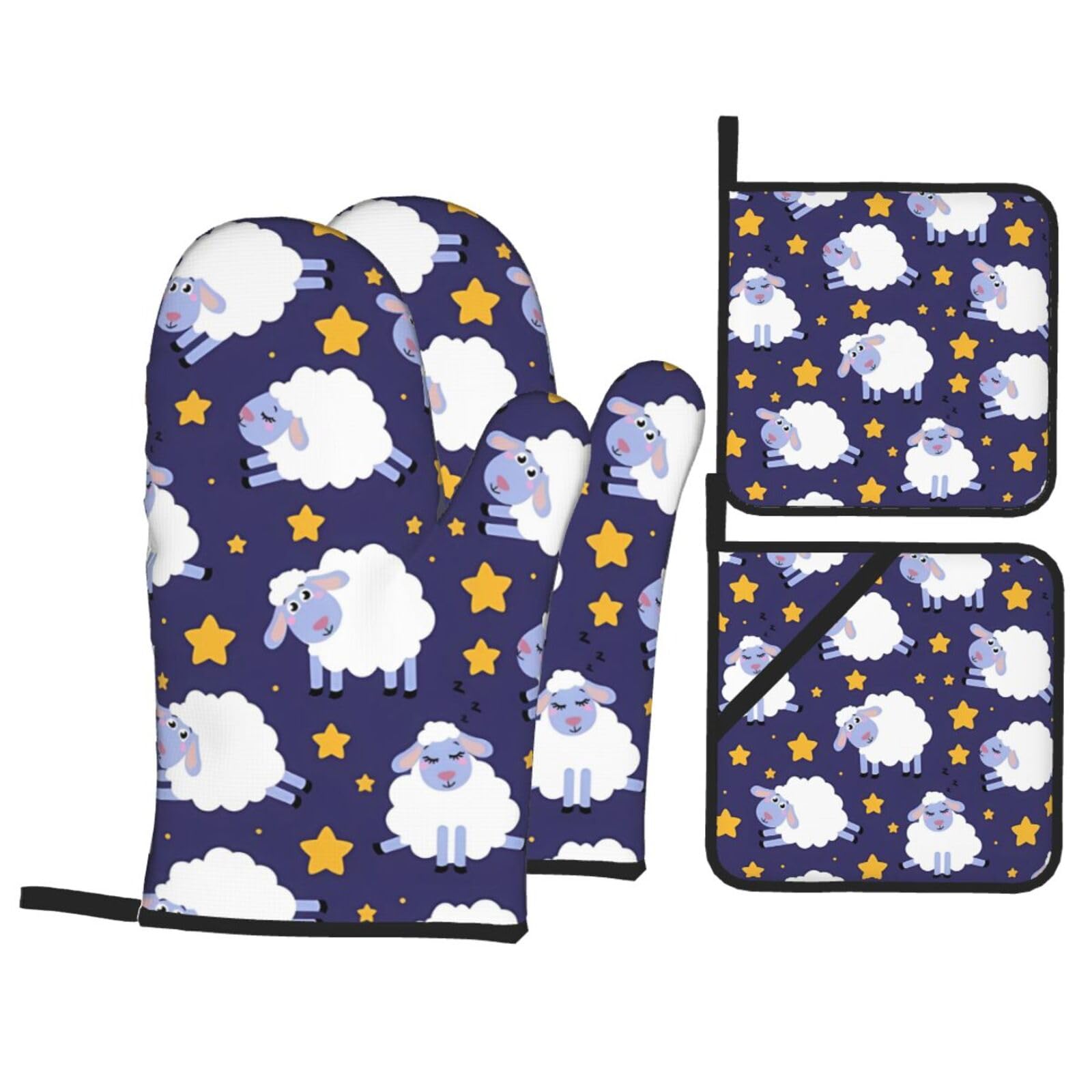 YYHHAOFA Sheep Prints Kitchen Baking Set with Heat Resistant Pot Holders & Oven Mitts - Waterproof Layer for Hot Dishes, Grill & Microwave