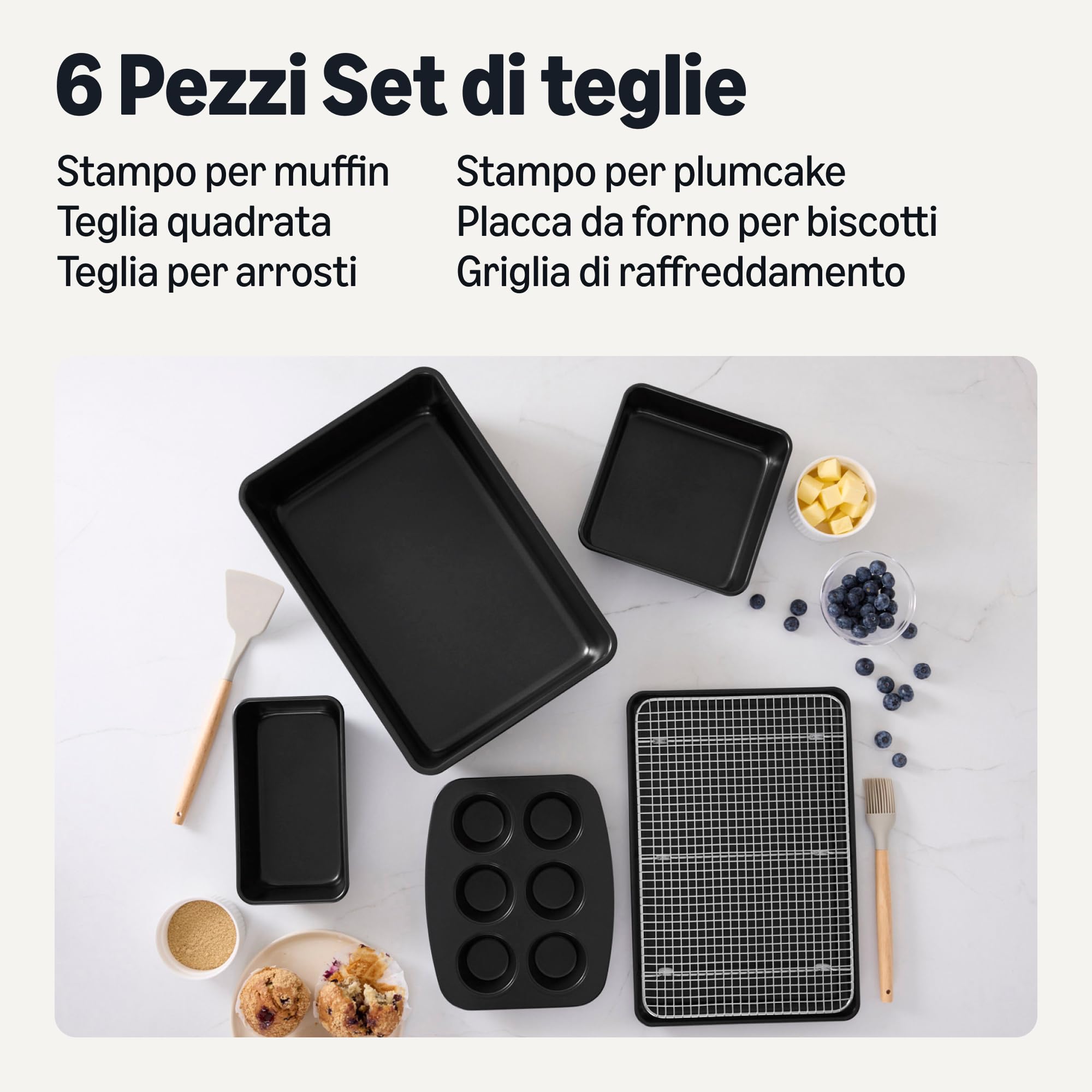 Amazon Basics Teglie Antiaderenti, Set di 6 Pezzi, Impilabili, Lavabili in Lavastoviglie e Adatte al Forno