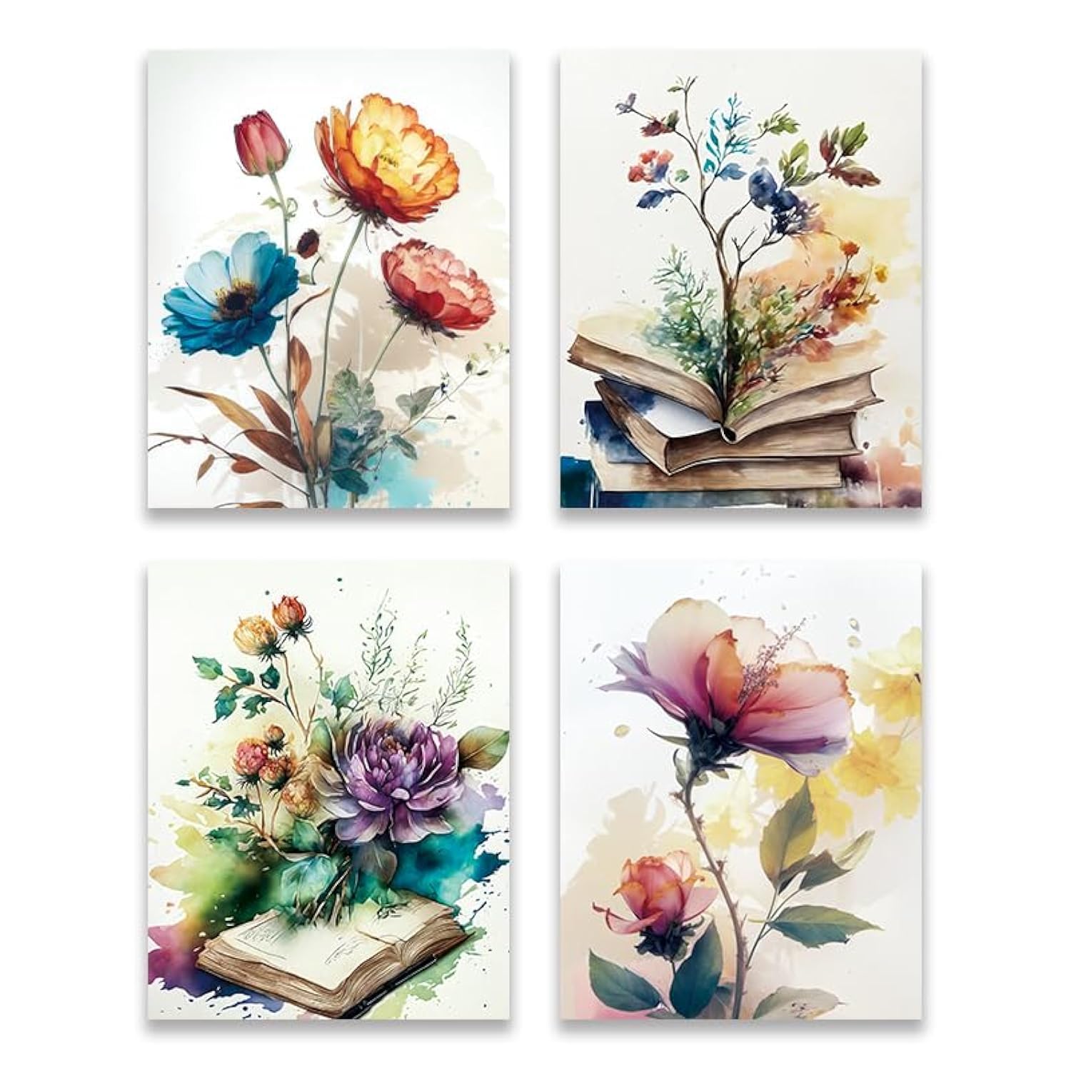 QPOKLAF Watercolor Floral Wall Art Prints,Botanical Flower Book Stack Art Posters Dorm Bathroom Library Abstraction Wall Decor Set of 4 (8x10inch,