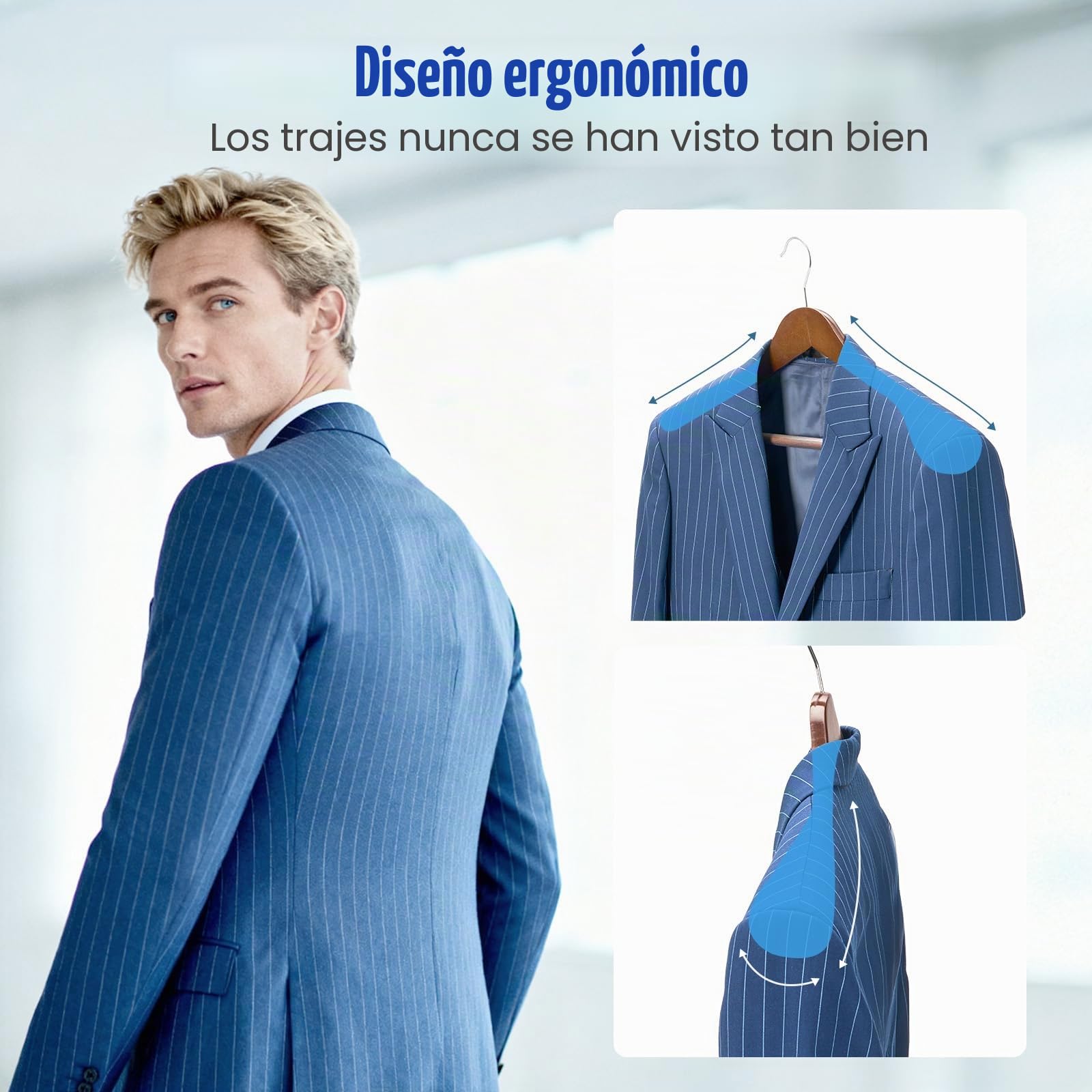 HOUSE DAY Perchas de madera con hombros anchos, perchas para trajes con barra antideslizante para pantalones, acabado suave, gancho giratorio de 360°, perchas de madera maciza para vestidos, chaquetas