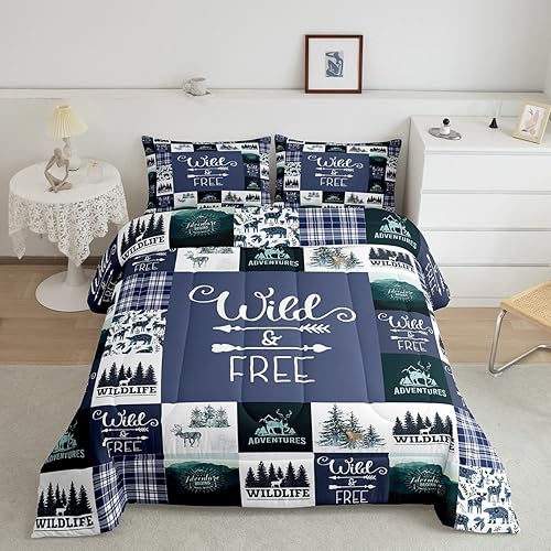 Erosebridal Juego de edredón rústico de oso de ciervo para niños y adolescentes, juego de ropa de cama de árbol del bosque, relleno de edredón de
