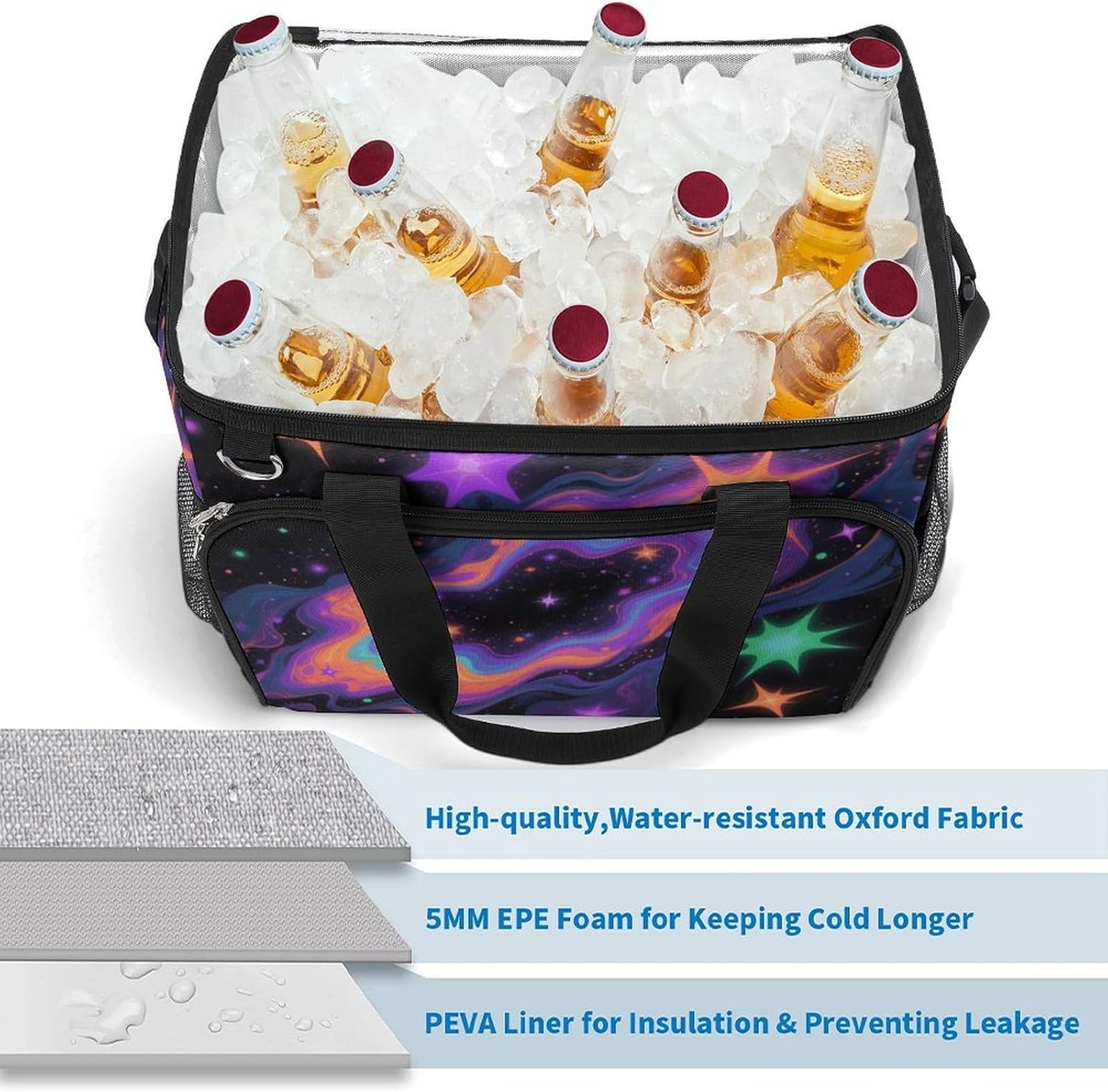 Insulated Picnic Backpack Tote Bag, Large Capacity 30L Rainbow Universe Cooler Bag Leakproof Beach Bags Portable Lunch Box Waterproof Picnic Basket for Beach Camping BBQ