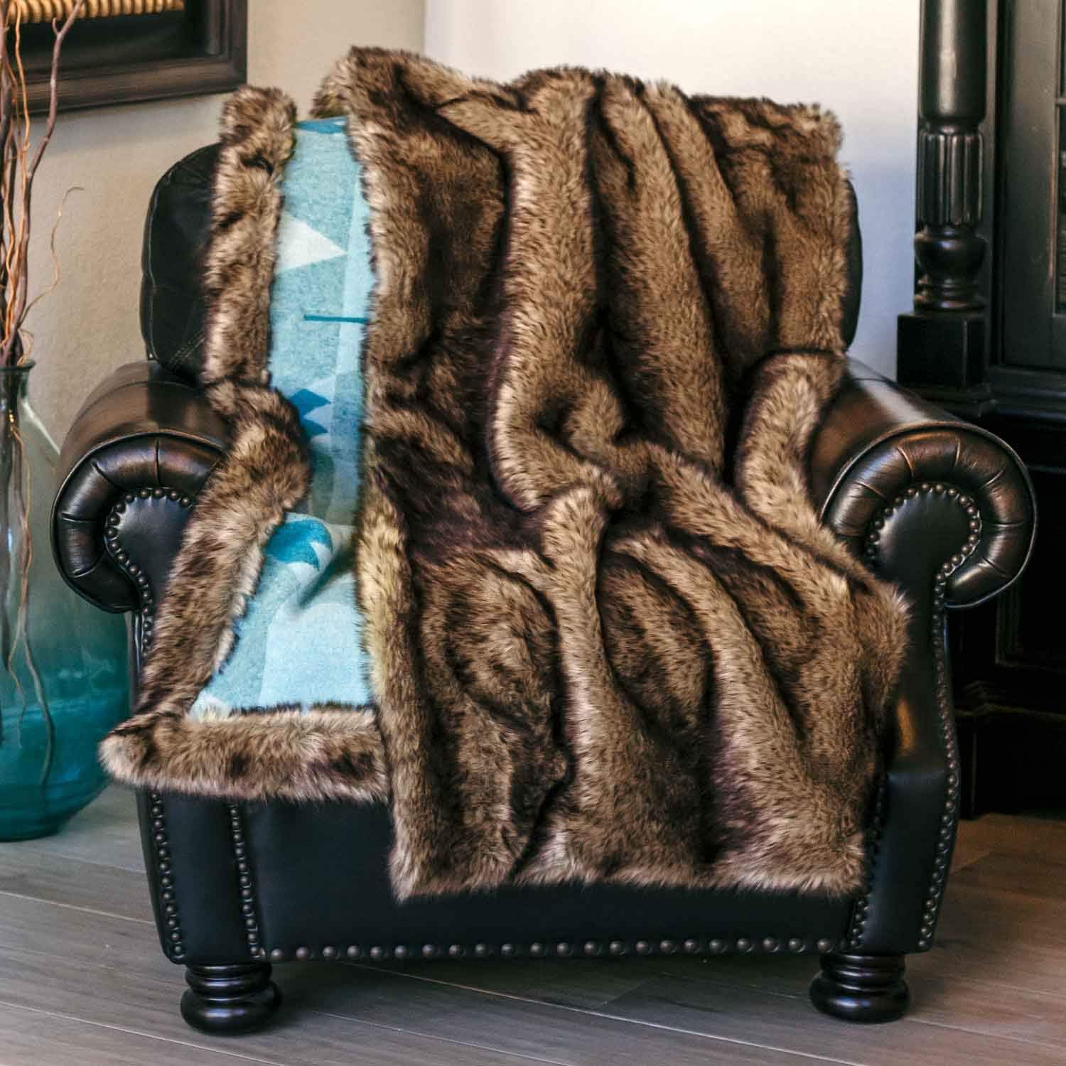 Moonstone Large 64 x 54 Inch Reversible Flannel Faux Wolf Fur Wearable Throw Blanket with Convenient Storage Pocket and Moon Clasp Closure