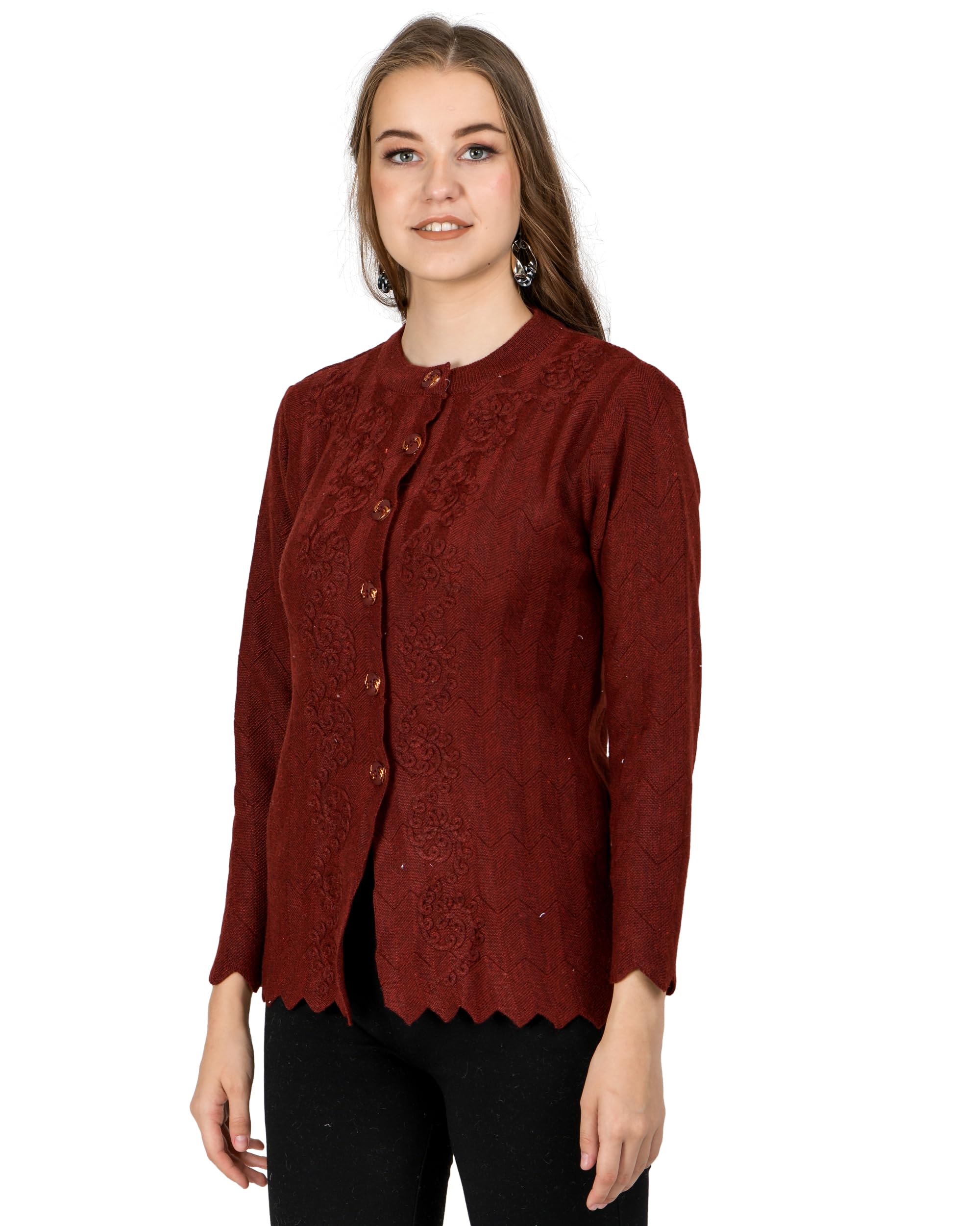 Women Woolen Round Neck Sweater Heavy Front Long Kadai Cardigan Winter Wear Pure Wool Cardigan for Women Free Size Cotty Warm Cardigans with Side Pockets (XL, Maroon)-image-8