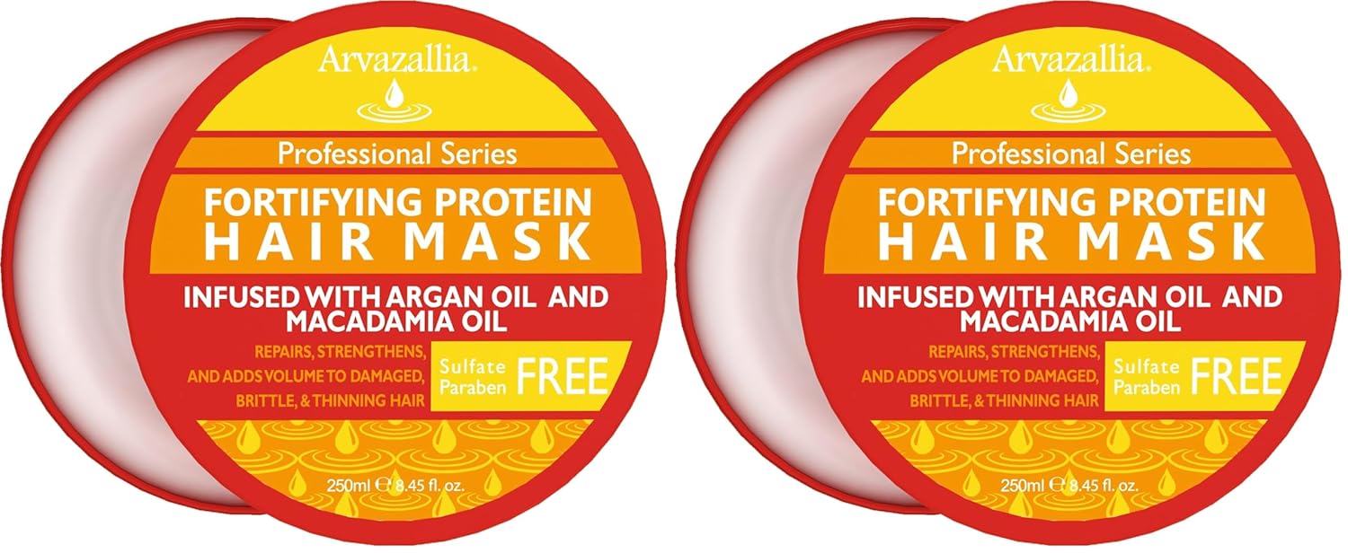 Arvazallia Fortifying Protein Hair Mask and Deep Conditioner with Argan Oil and Macadamia Oil Hair Repair Treatment for Damaged, Brittle, or Thinning Hair - Promotes Natural Hair Growth (Pack of 2)