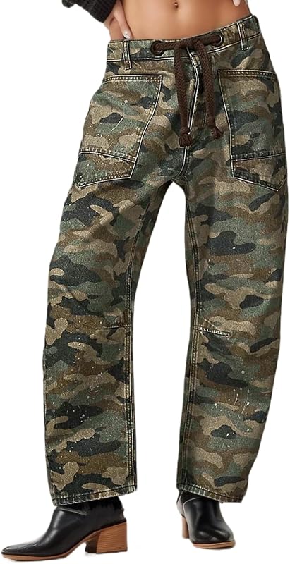 Kedera Women's Camo Barrel Jeans Mid Rise Baggy Denim Pants with Pockets