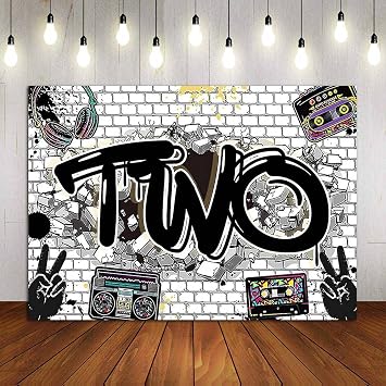 YQ 7x5ft Hip Hop Graffiti White Brick Wall Photography Backdrops Two Legit to Quit Birthday Party Decoration Photo Background Kids Boys or Girl 2nd Happy Birthday Party Supplies Studio Props Vinyl