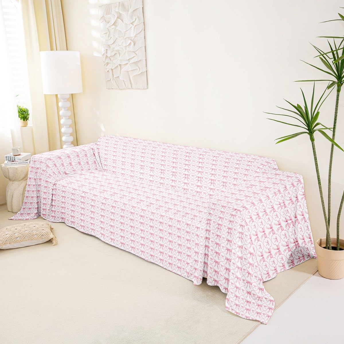 Homewish Pokrowiec na kanapę z różową kokardą dla dzieci nastolatków - urocza wstążka kokarda pokrowiec na sofę dla dziewcząt kawaii akwarela kokardki ochraniacz na kanapę różowy biały księżniczka