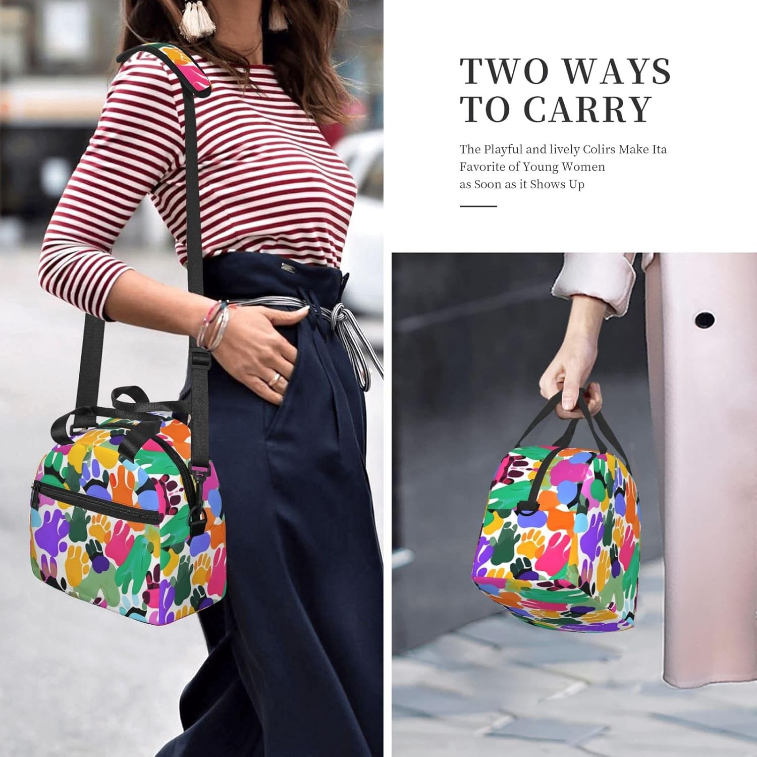 Colorful Dog Paw Print Lunch Bags For Women,Leakproof Insulated Lunch Box, Adjustable Shoulder Strap For Work Picnic
