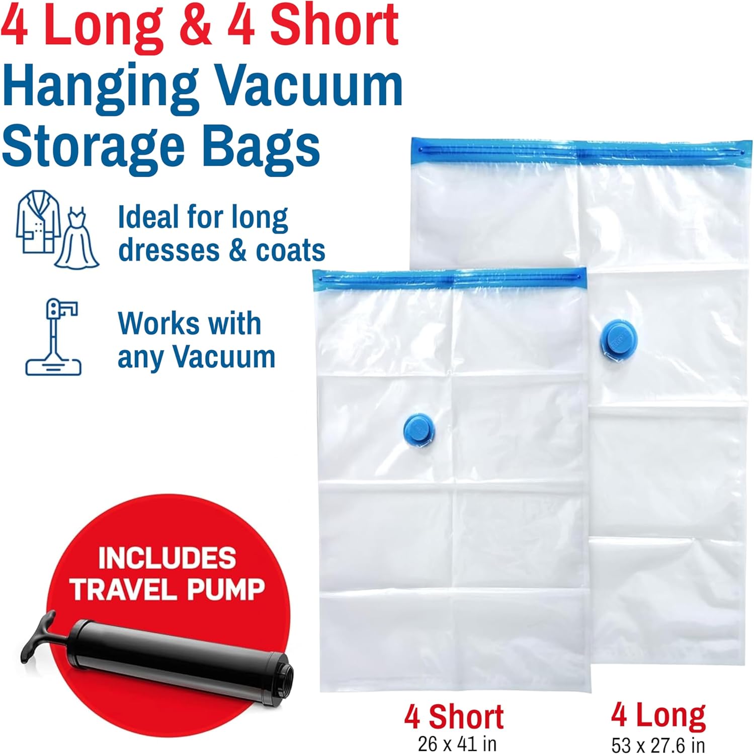 Hanging Vacuum Storage Bags for Clothes & Coats – 8 Pack (4 Small & 4 Large) Vacuum Seal Garment Bags for Hanging Storage – Space Saving Compression Bags for Clothing, Jackets – Transparent - Image 3