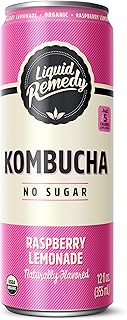 Liquid Remedy Kombucha Sugar Free Organic Drink, Low Calorie, Probiotic Like Tea for Gut Health - Raspberry Lemonade - 12 Fl Oz Can