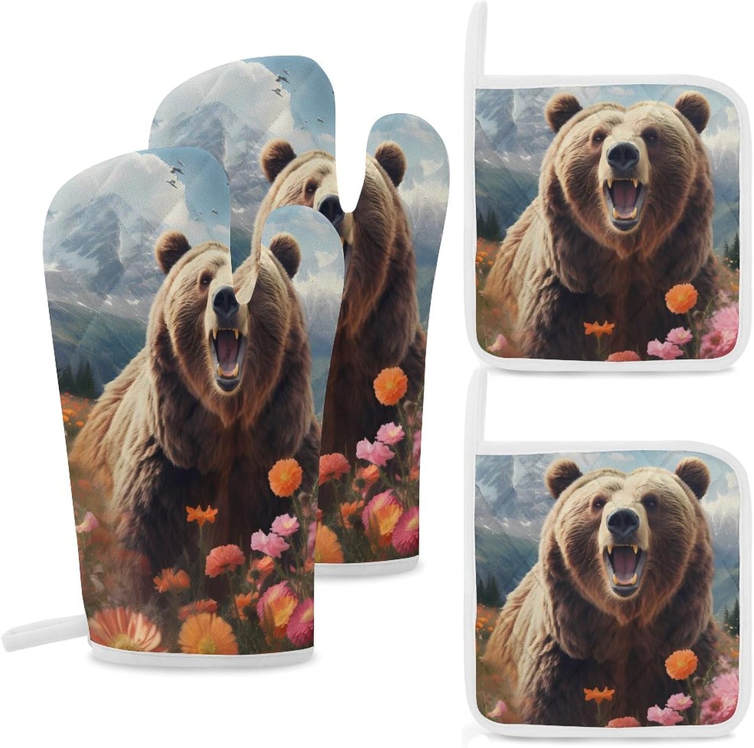Brown Bear 4 Pcs Oven Mitts and Pot Holders Set High Heat Resistant Long Kitchen Oven Glove Potholders