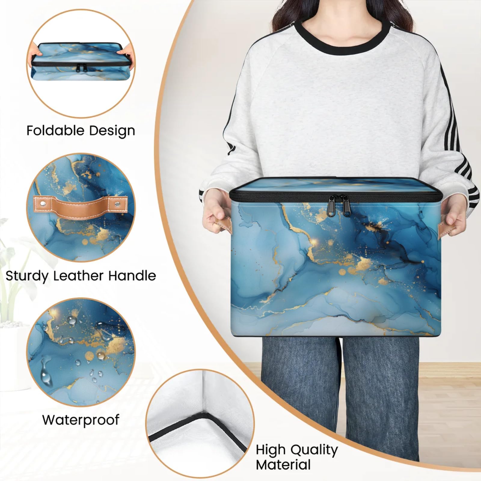 Confezione da 2 contenitori in marmo blu con coperchio con cerniera in tessuto, cubi per la casa, cestini per vestiti, organizer contiene marmo