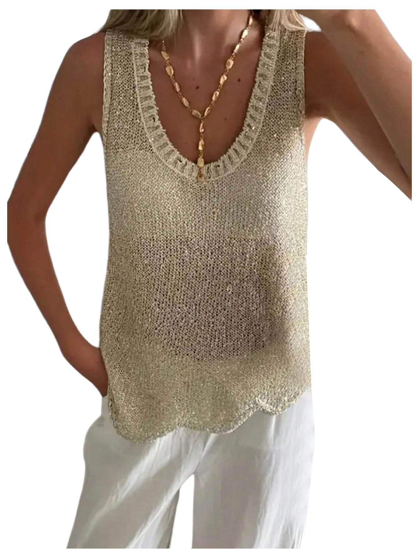 MakeMeChic Womens Crochet Sparkly Tops Summer Sleeveless Sweater Vest Knit Tank Tops