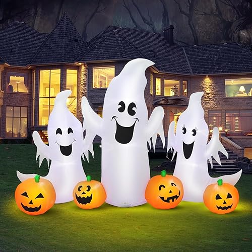 7FT Length Halloween Inflatable Ghosts and Pumpkins, 3 Ghosts Inflatables with Led Lights for Home Yard Lawn Indoor Halloween Outdoor Decoration