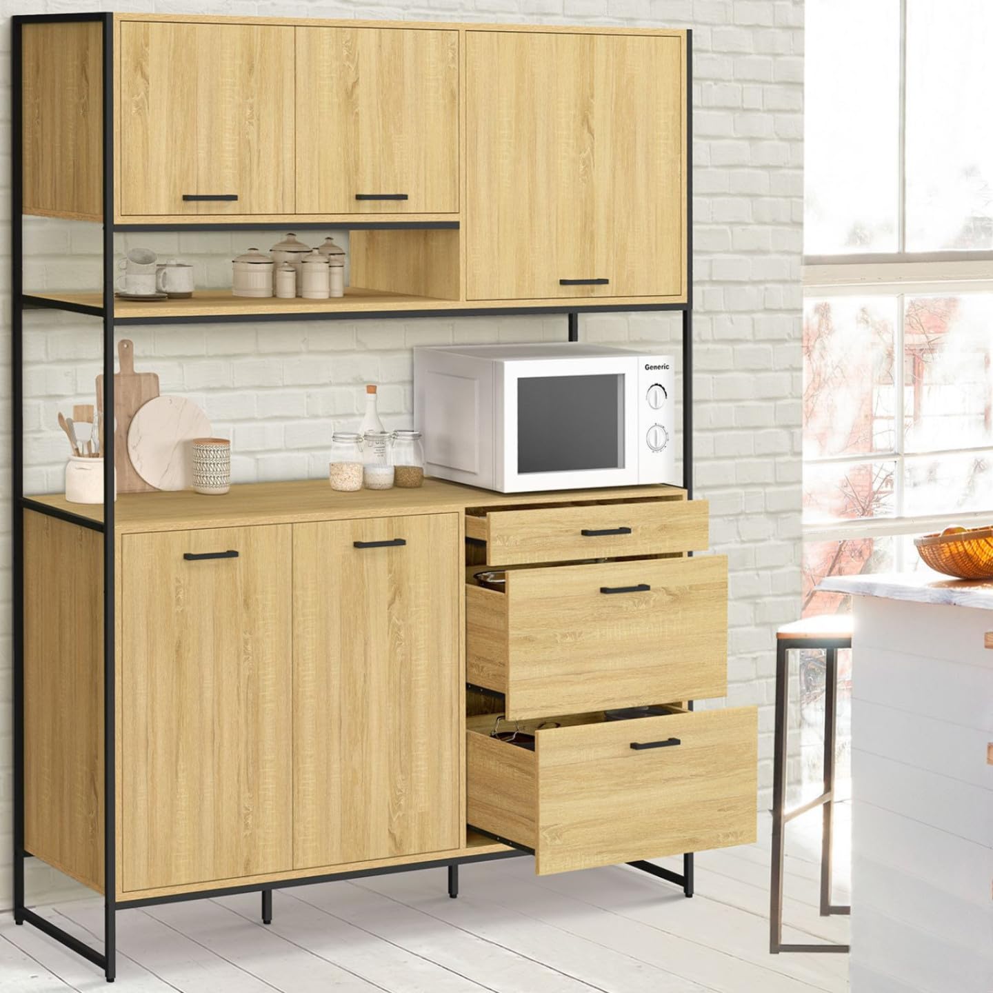 IDMarket - Küchenbuffet 140 cm Detroit 5 Türen + 3 Schubladen Industriedesign
