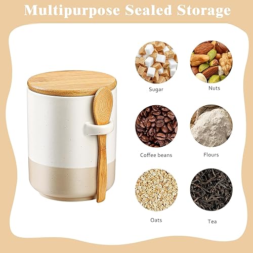 Miniatura 5 de Yaluck Tarro de cerámica para té, café, azúcar con tapa hermética y cuchara, tarro de galletas, contenedor de azúcar moreno, harina, sal, juegos