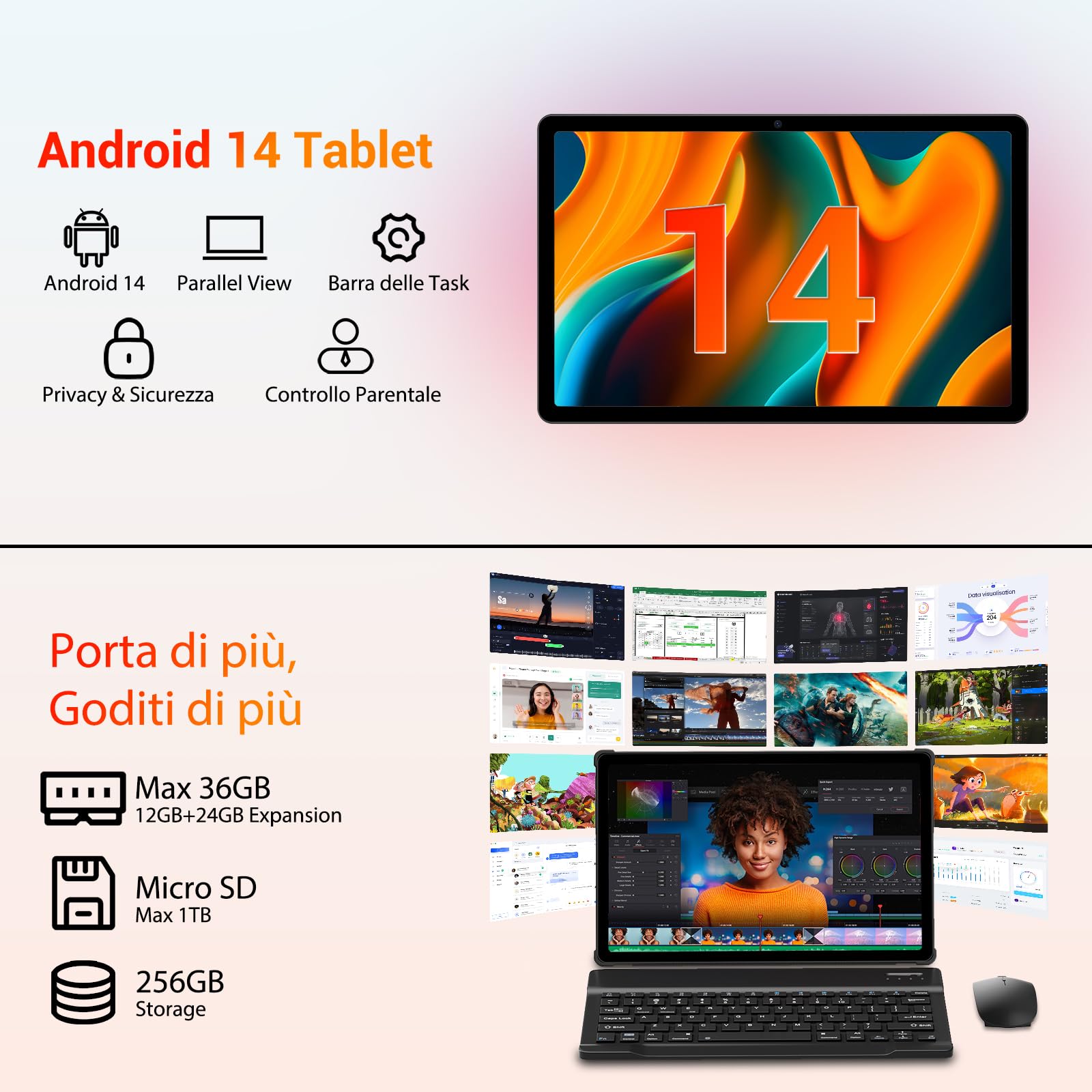 MAXLEGEN Tablet Android 11 Pollici, Schermo 2K IPS FHD(2000x1200), 36GB+256GB/1TB TF, 4G LTE SIM+5G WiFi, Android 14, Octa-Core, 9580mAh, 13MP, GPS, Tablets con Tastiera/Mouse/Penna/Case