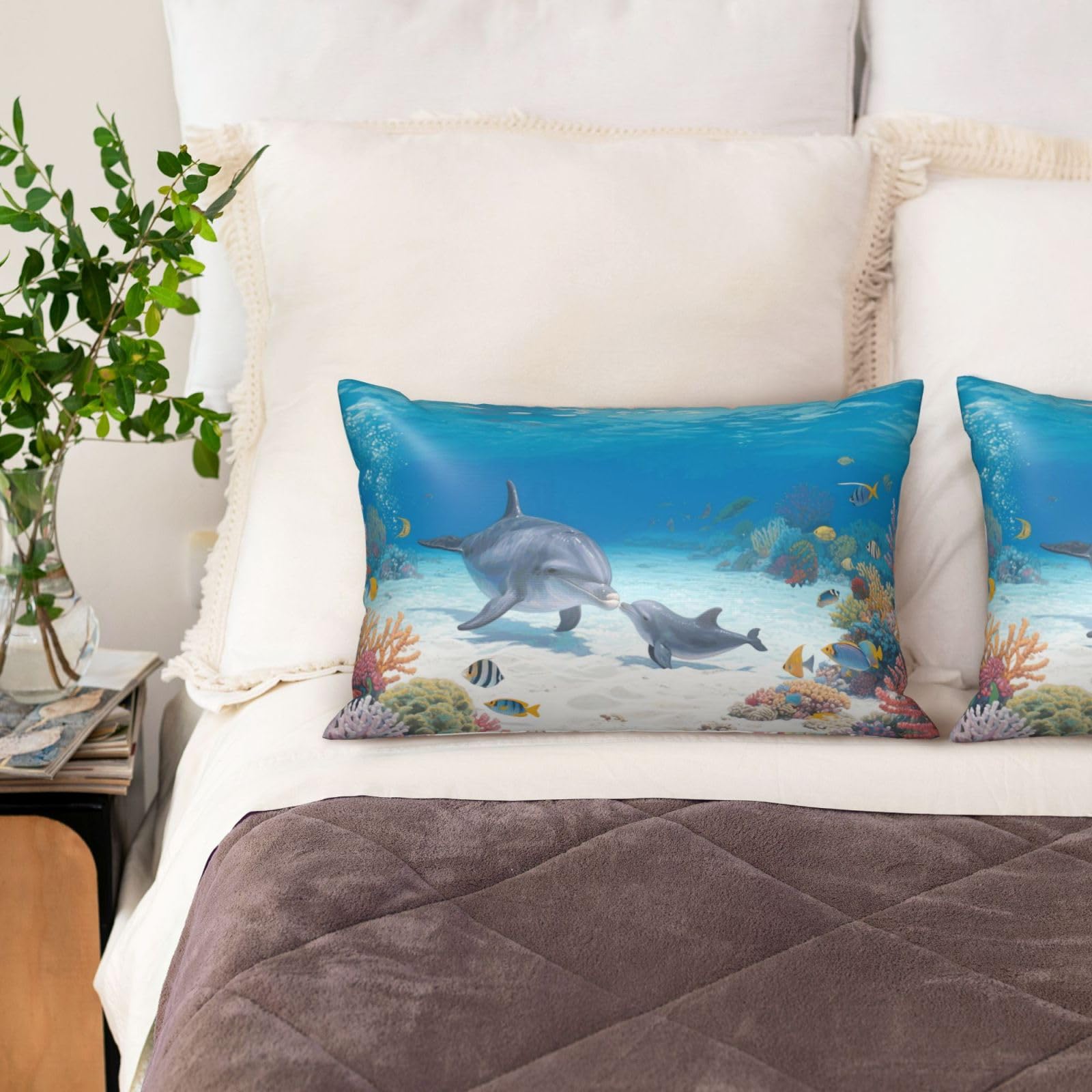 Dolphin Satin Pillowcase for Hair and Skin Set of 2,Ultra Smooth Soft Breathable Cooling Pillow Cases Queen Size 20x30 Inch Bed Pillowcovers with Hidden Zipper Cushion Case Gifts for Women Men