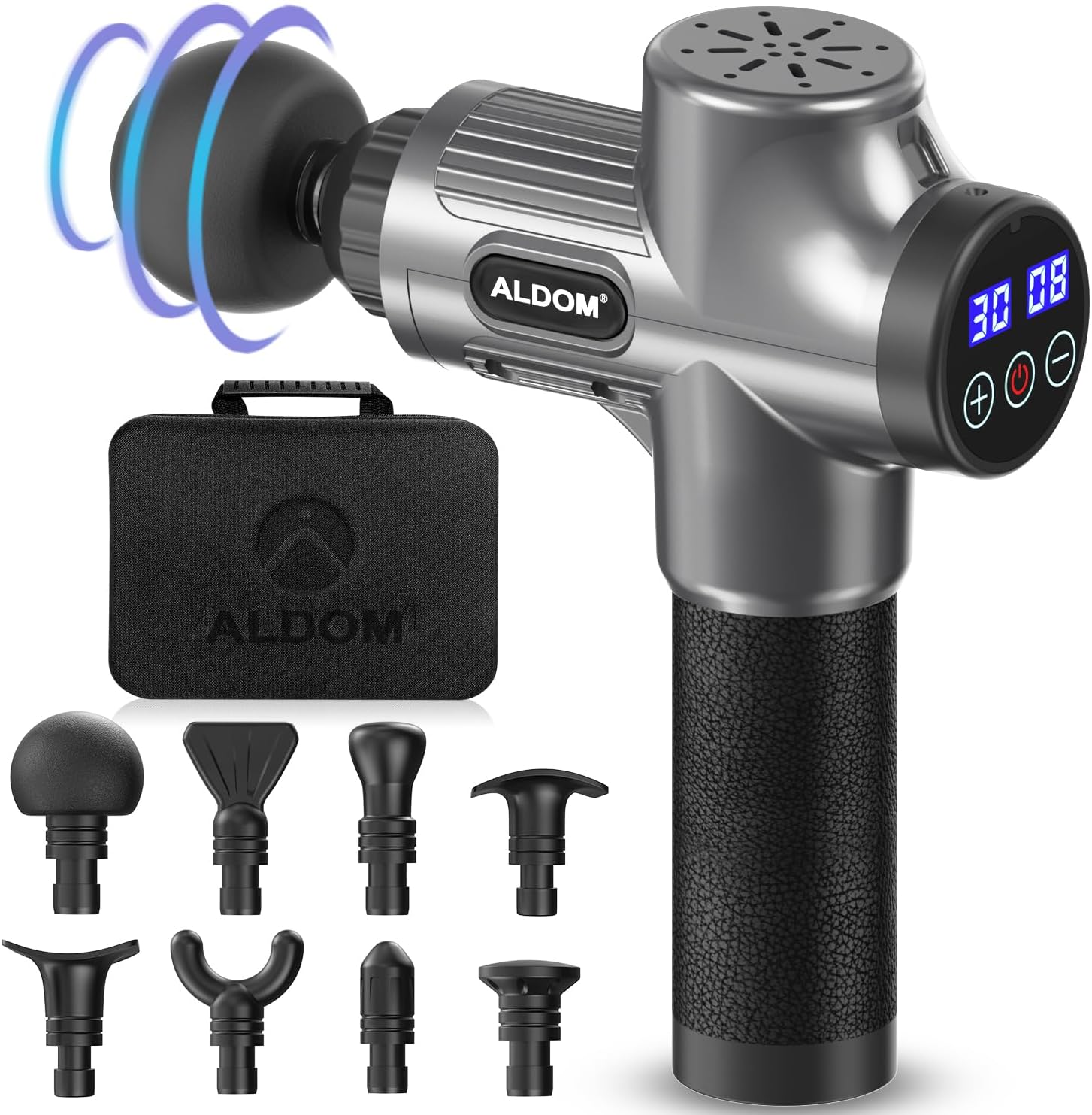 ALDOM Massage Gun Deep Tissue,Massage Gun, USB-C Rechargeable & Large Capacity, 8 Heads & 30 Adjustable Speeds Professional Handheld Percussion Massager for Men Women Body Muscle Recovery-Silvery Grey