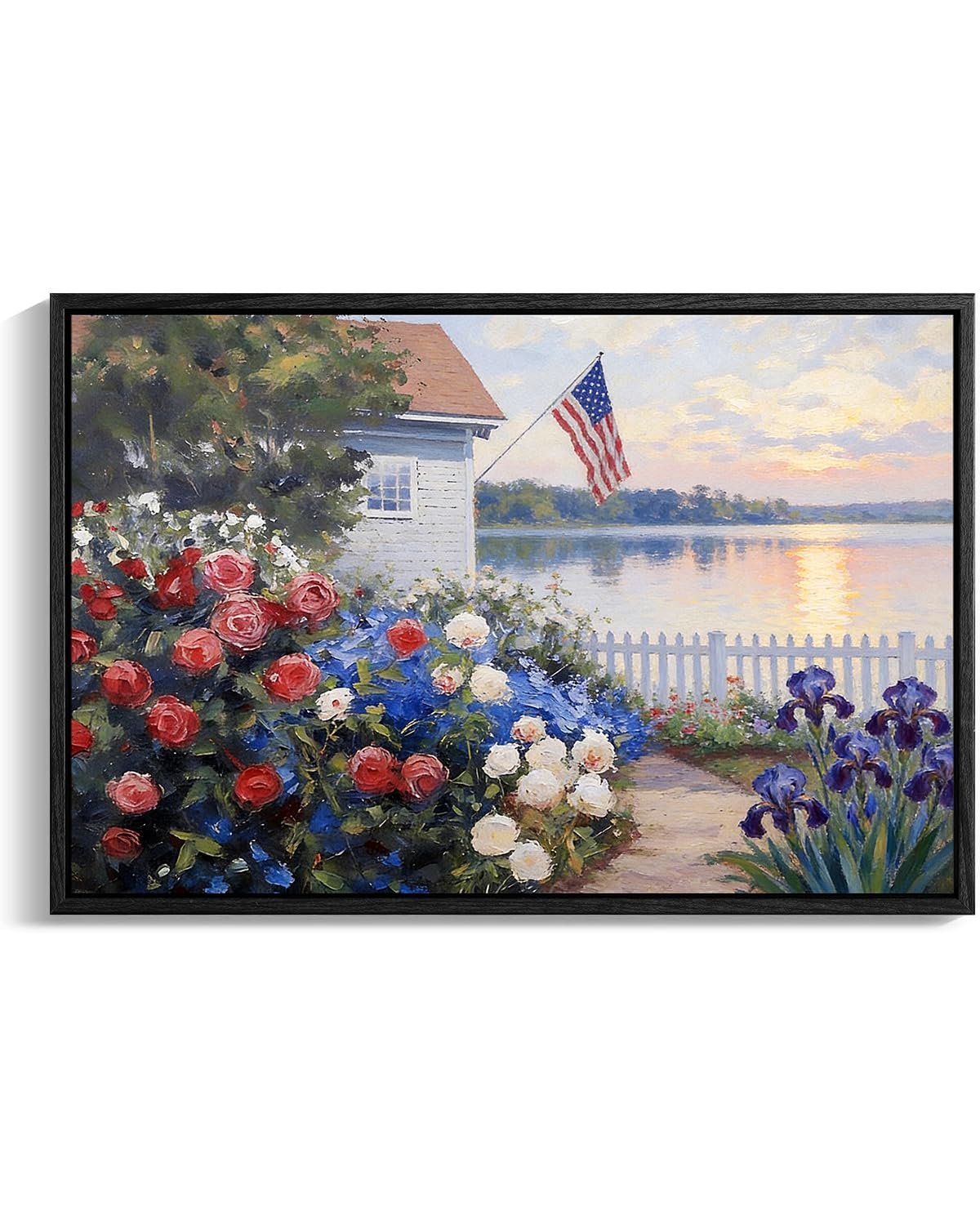 American Flag Framed Canvas Wall Art, 4th of July Floral Canvas Prints