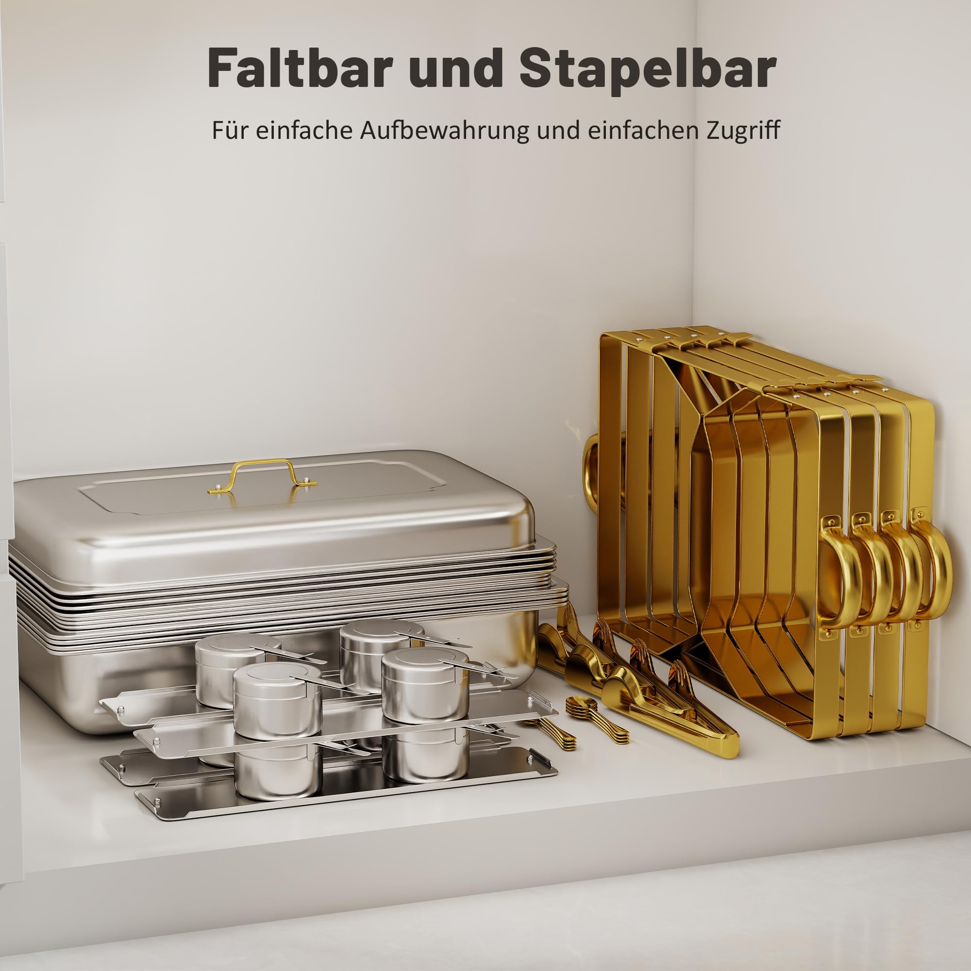 4 Stück Rechteckig Chafing Dish 9QT Edelstahl Warmhaltebehälter | Bain-Marie Heizung, 7 Pfannen, Komplettes Set mit Utensilien, Faltbarer Ständer, Stapelbare, für Kreise, Hochzeit, Catering