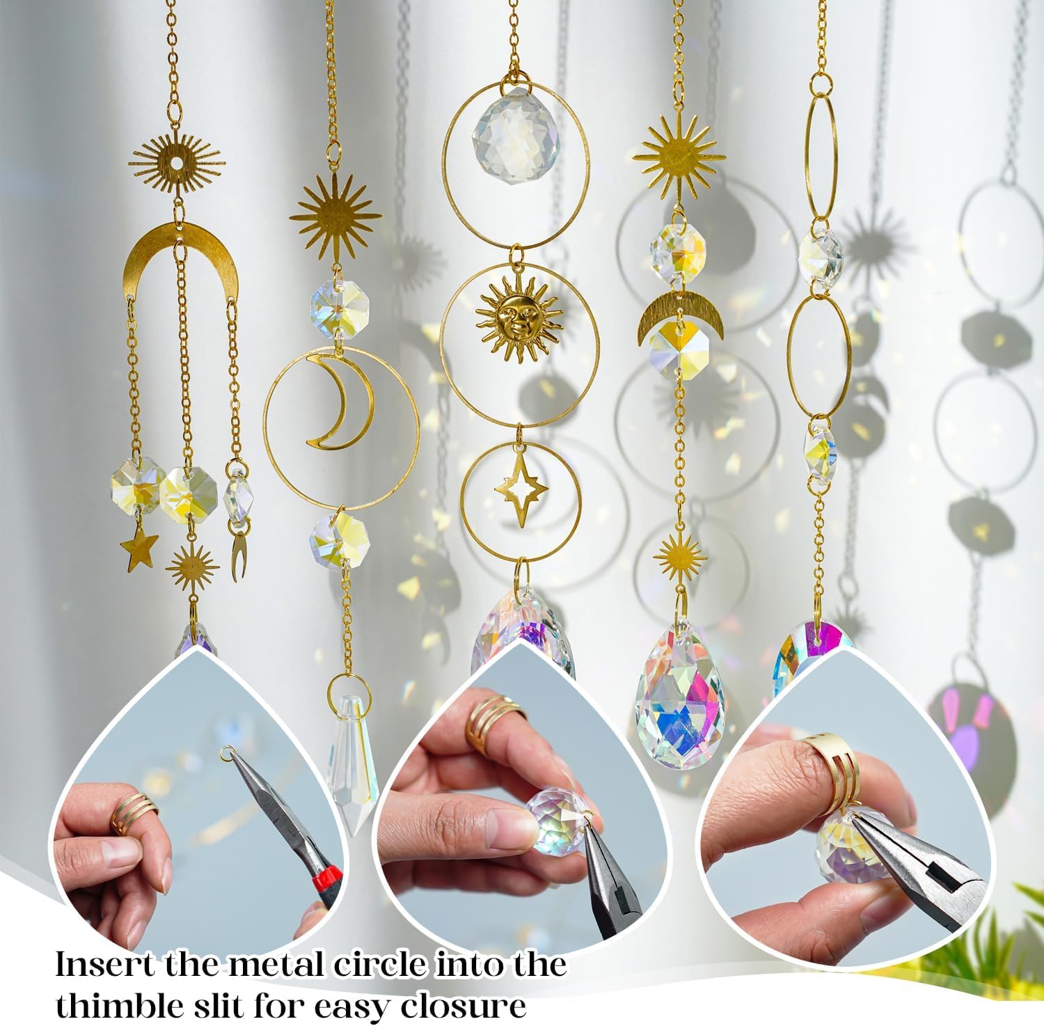 H&D HYALINE & DORA 215pcs DIY Crystal Suncatcher Kits for Adults Art Crafts Set including Rainbow Maker Prisms Pendant Sun Catchers Hanging Decor for Window Garden Wedding Gold - Image 3