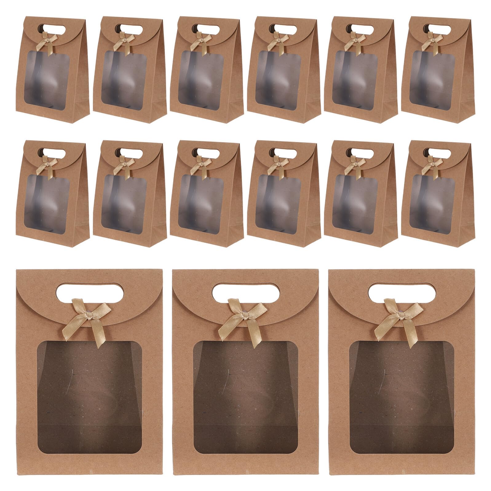 DECORNIJIA 20 Sacchetti di Carta Kraft con Finestra Trasparente, Borsa Regalo con Fiocco e Copertura Ribaltabile, per Biscotti e Caramelle, Confezioni per Matrimoni e Feste, Formato