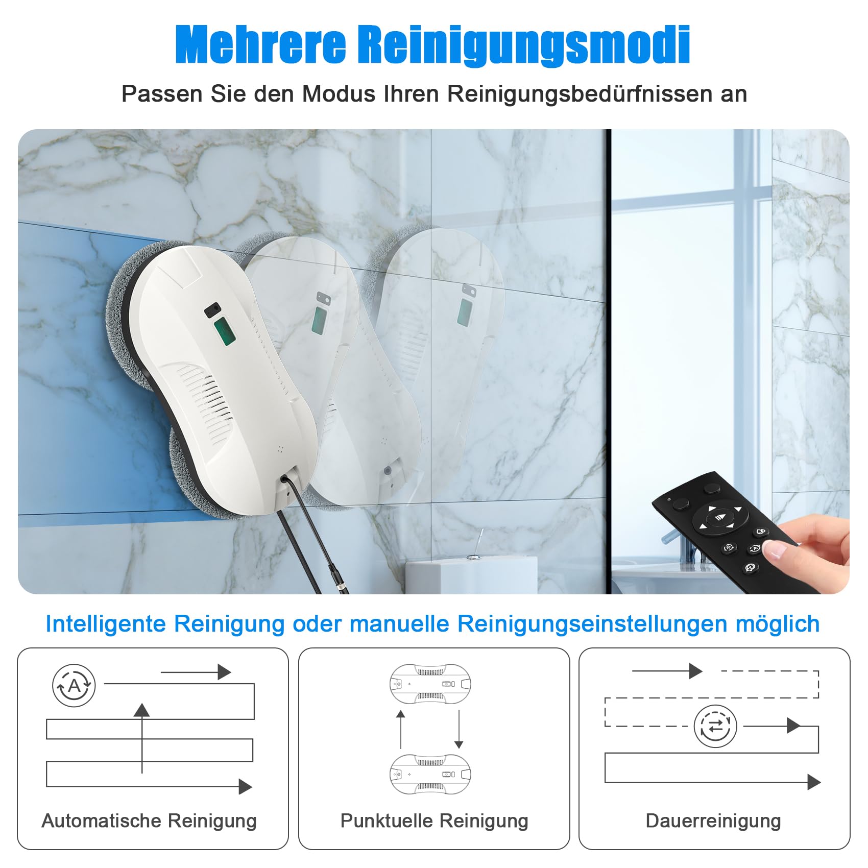 Fensterputzroboter mit automatischer Sprühfunktion, intelligenter Navigation & Kantenerkennung, 3 Reinigungsmodi, Fernbedienung, 70ML Tank, Sicherheit & UPS für Fenster, Glas, Spiegel, Fliesen