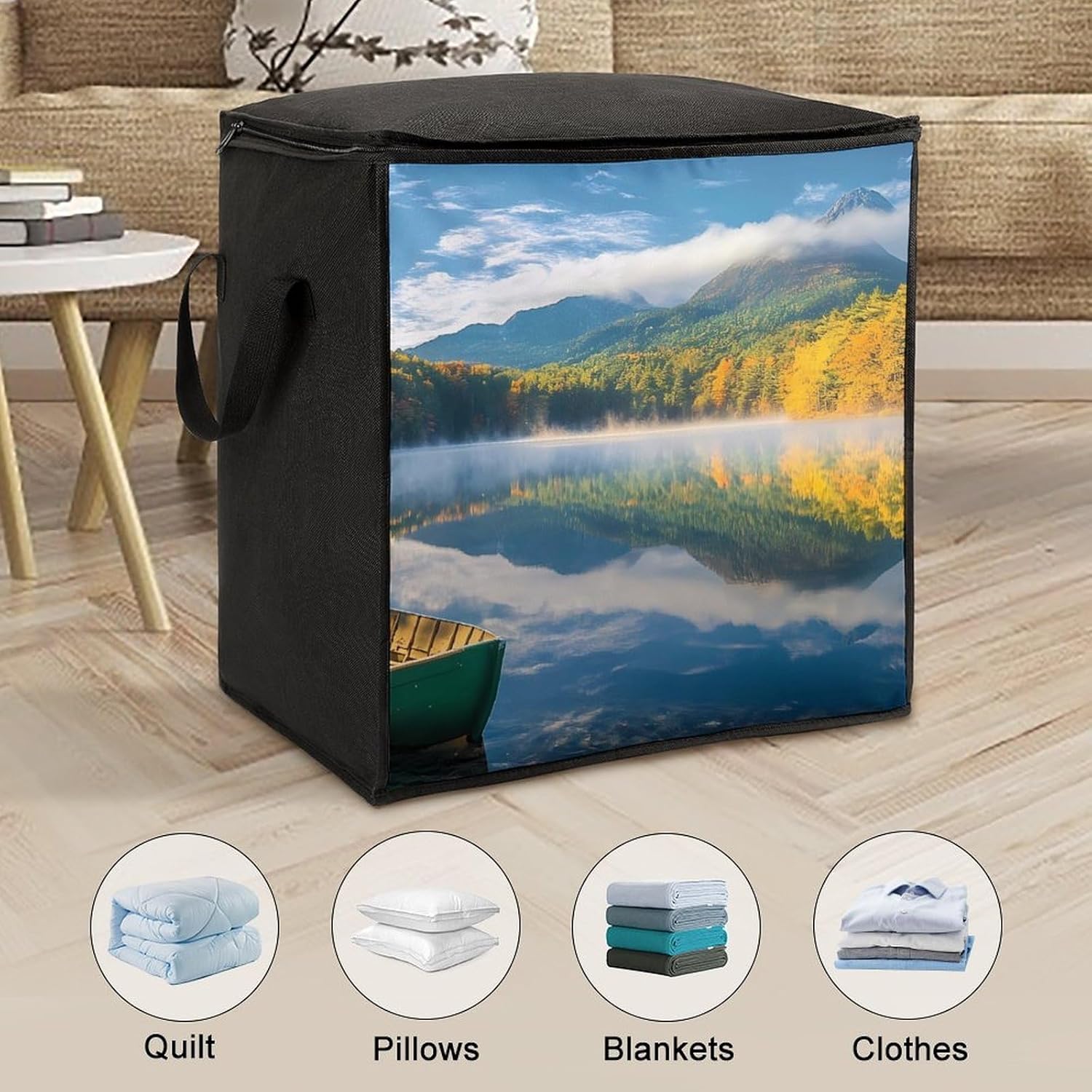 Lake Boat Autumn Large Comforter Blanket Storage Bags Bins 70L Closet Organizer with Handles
