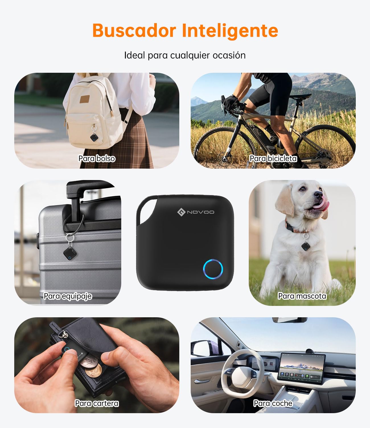 NOVOO Smart Tag avec Apple Find My (iOS Uniquement), Localisateur d'objets avec Alarme 80 DB, Batterie remplaçable avec Verrouillage Enfant, Tracker pour clés, Portefeuille et Bagages, 4 pièces