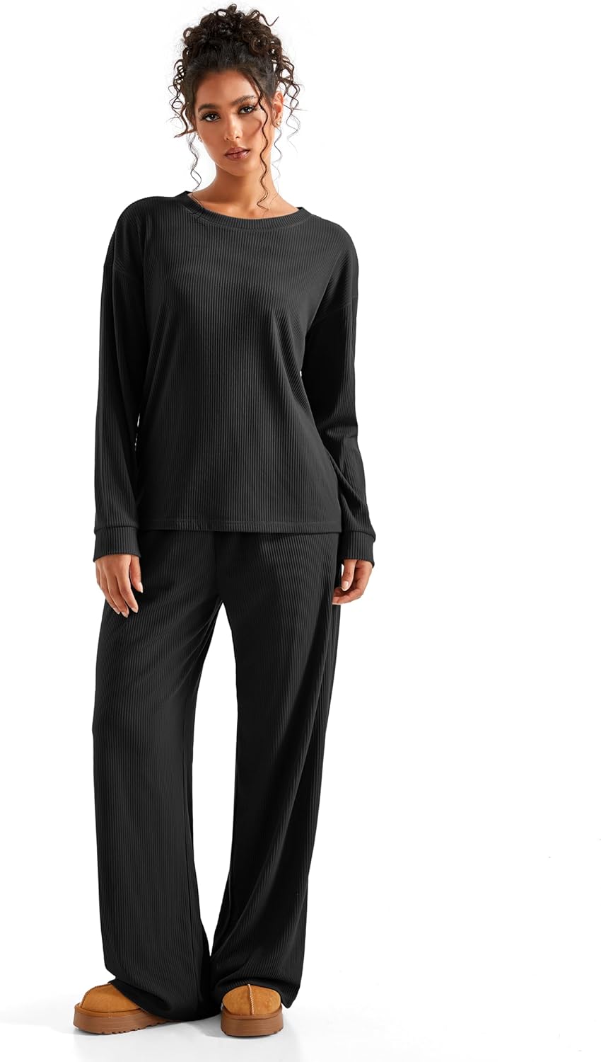 SUUKSESS Women Ribbed Lounge Sets Long Sleeve Pajama Two Piece Sets with Pockets - Image 3