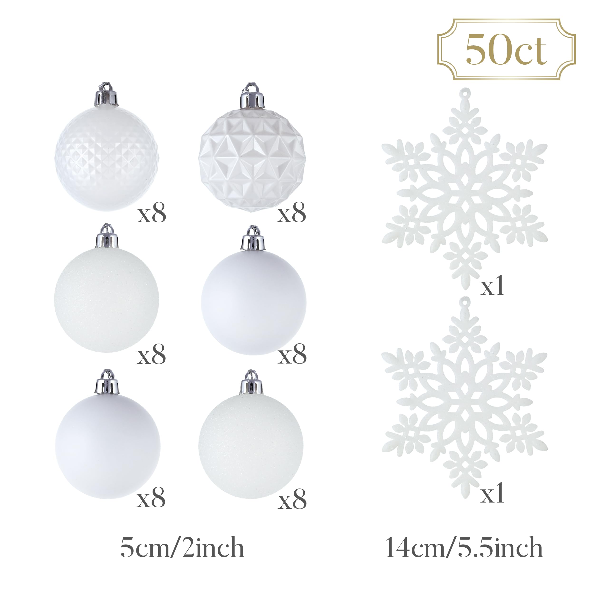 Valery Madelyn Lot de 50 boules de Noël incassables à suspendre pour sapin de Noël et Halloween du 4 juillet, 5,1 cm, blanc