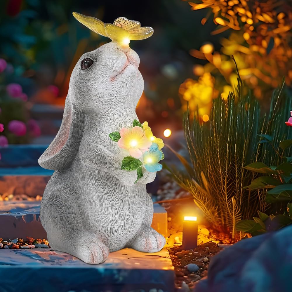 Conejo solar Gartendeko para exterior con luz LED decorativa resistente a la intemperie