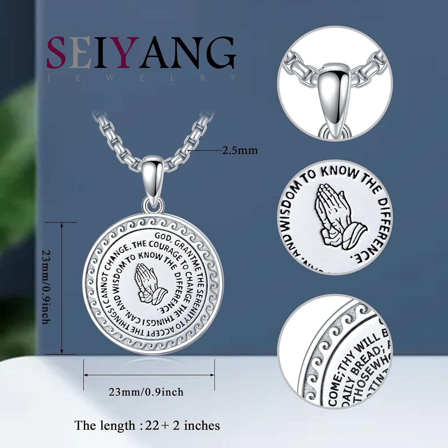 Seiyang Serenity Prayer Necklace Sterling Silver Bible Verse Jewelery Courage Wisdom Gift for Women Men With 2mm 22+2 IN Rolo Chain (with Gift Box) - Image 2