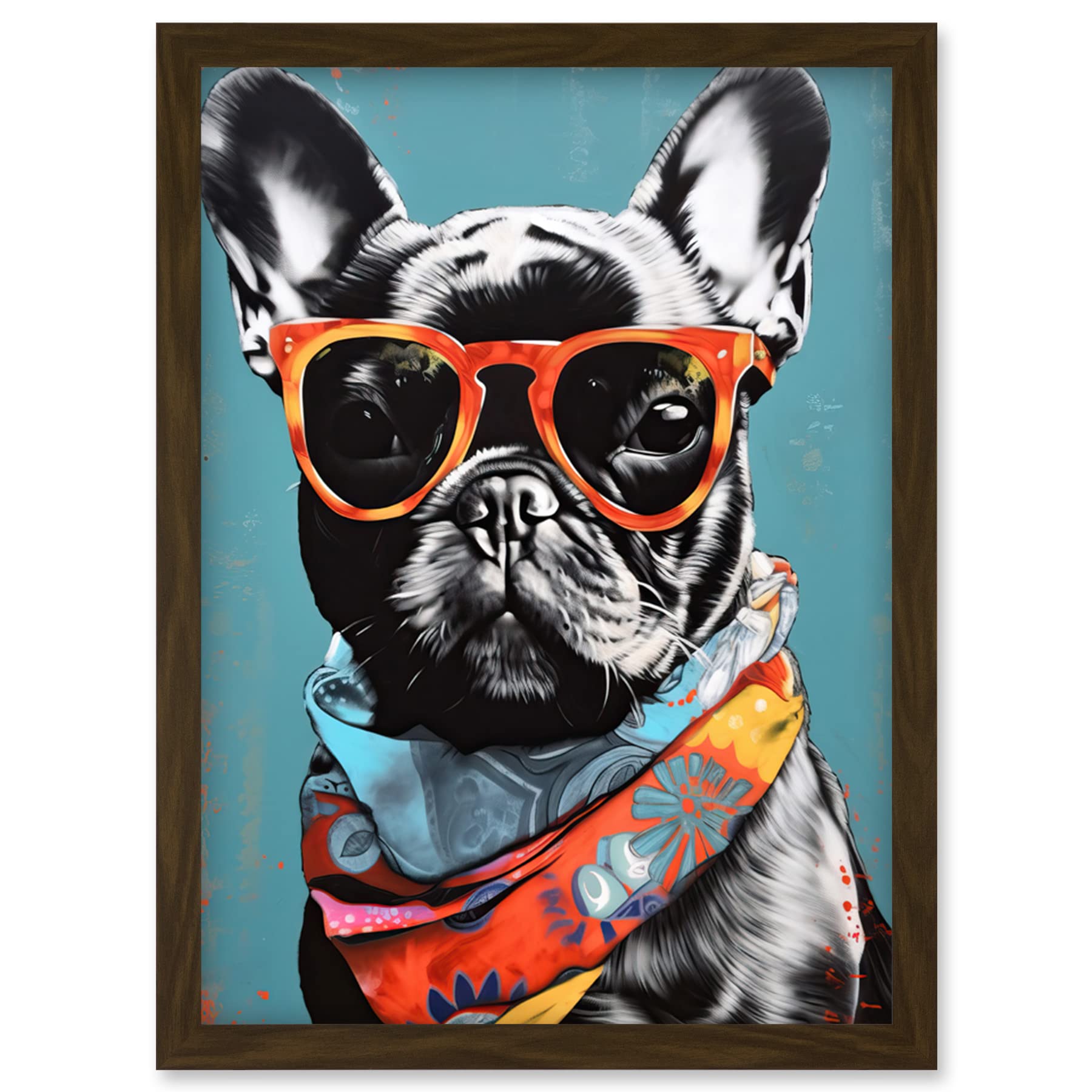 English Bulldog Wearing Bandana and Sunglasses Framed Wall Art Print A4 - Artery8