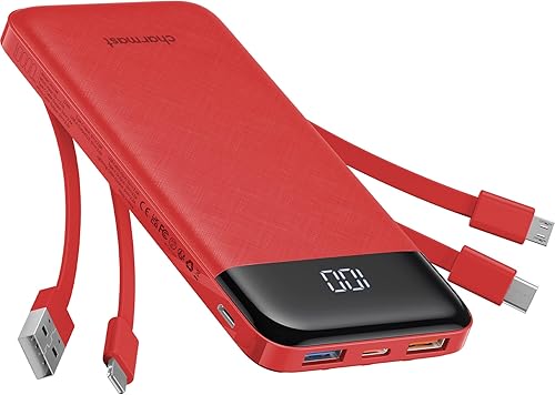 Charmast Cargador portátil con cables incorporados, banco de energía con cables, batería delgada de viaje de 10000 mAh, 6 salidas 3 entradas 3 A,