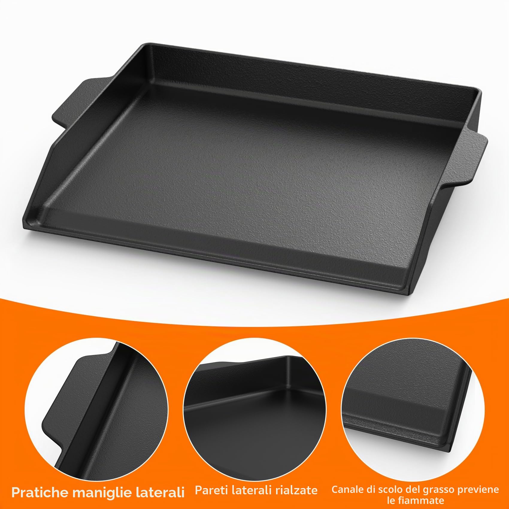 Onlyfire Piastra per Barbecue Universale in Ghisa Smaltata, Piastra per Griglia con Pareti Laterali Extra Alte per Griglia a Gas e Fornello, 47.2 x 35.5 cm