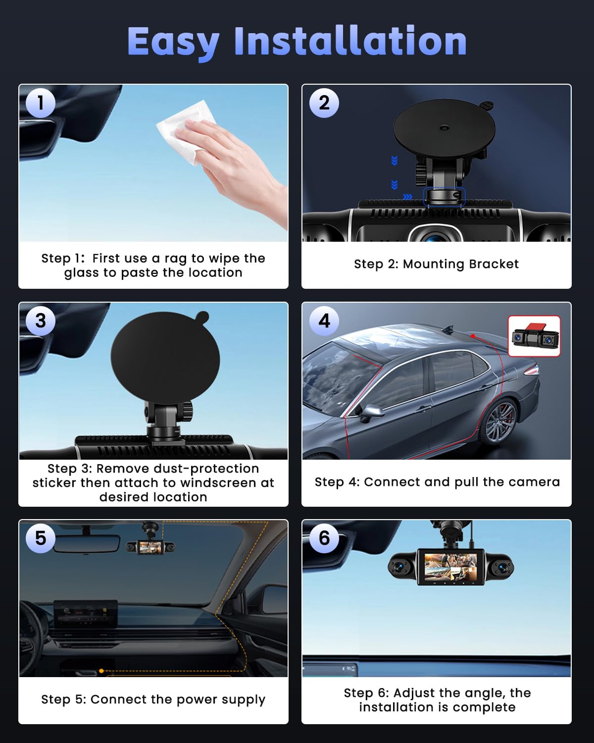 Hikity 5 Channel Dash CAM, 360 ° Dash CAM 1080P * 4 Delantero y Trasero Interior Izquierdo Derecho, Cámara de Coche con Tarjeta de 64GB - Wi-Fi, Grabación en Bucle, G-Sensor, Visión Nocturna
