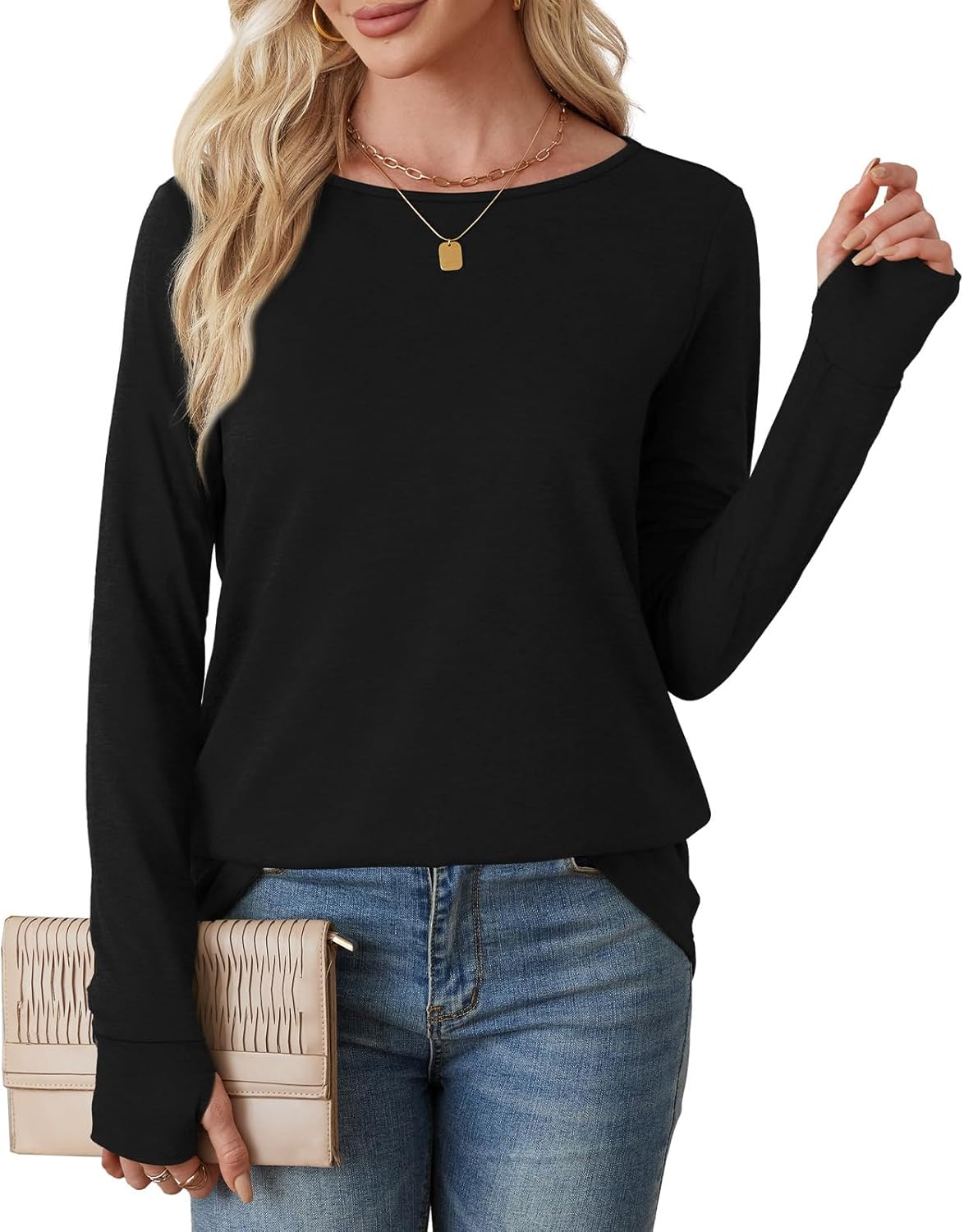 OFEEFAN Long Sleeve Shirts for Women Tunic Tops Thumb Hole Oversized Tshirts Fall Outfits - Image 5