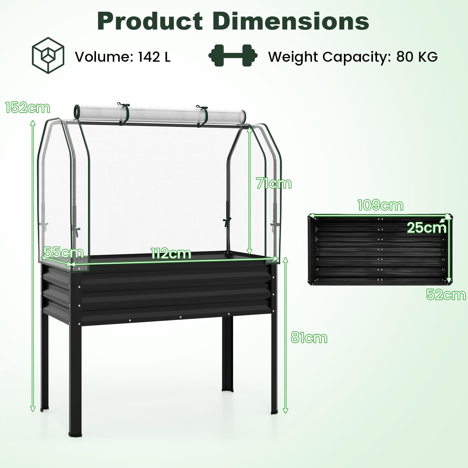FANTASK 3 in 1 Pflanzkasten mit PE-Abdeckung, 112 x 55 x 152 cm, erhöhtes Hochbeet mit rollbarer Tür, Gartenbeet aus verzinktem Metall, Pflanzbeet, Kräuterbeet für Garten Balkon Terrasse (Schwarz)