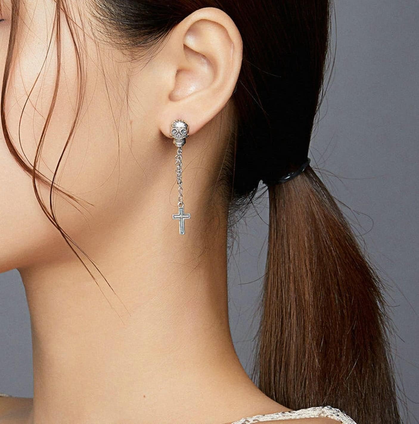 925 Sterling Silver Zircon Skull Cross Stud Earrings Women Oxidized Party Halloween Fine Jewelry Gift