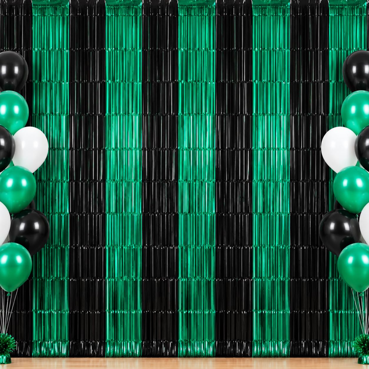 TONIFUL 2Pcs Black and Green Metallic Tinsel Foil Fringe Curtains Streamers | 3.3ftx6.6ft Photo Booth Backdrop Door Streamer, Props for Birthday New Year 2027 Graduation Soccer Themed Party Decorations