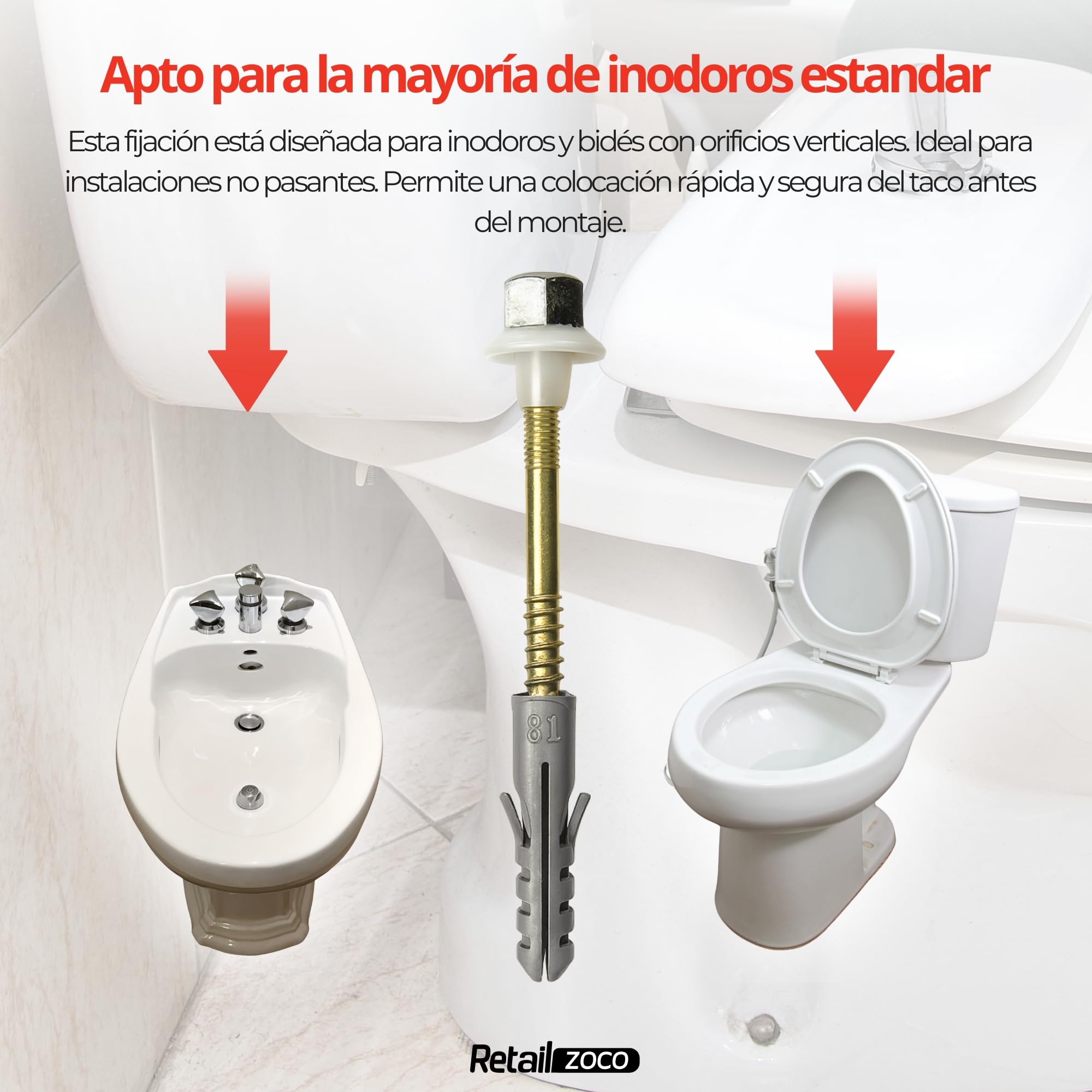 Tacos de acero inoxidable para inodoro y bidé de suelo con orificio vertical, Kit de fijación vertical para WC, Tornillo para bidé vertical, Acero Inoxidable, Pack de 2 tornillos