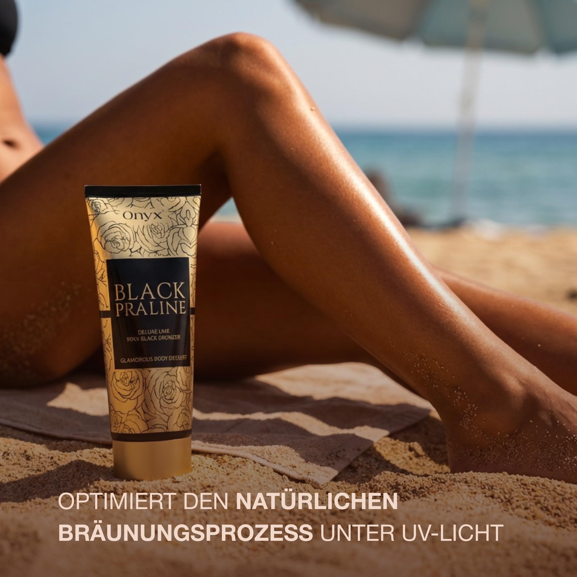 Onyx Black Praline Solarium Bräunungsbeschleuniger mit intensivem Bronzer - Dunkle Sonnenbank Creme für sofortige dunkle Bräune mit Arganöl & Sheabutter tief pflegend | 200 ml
