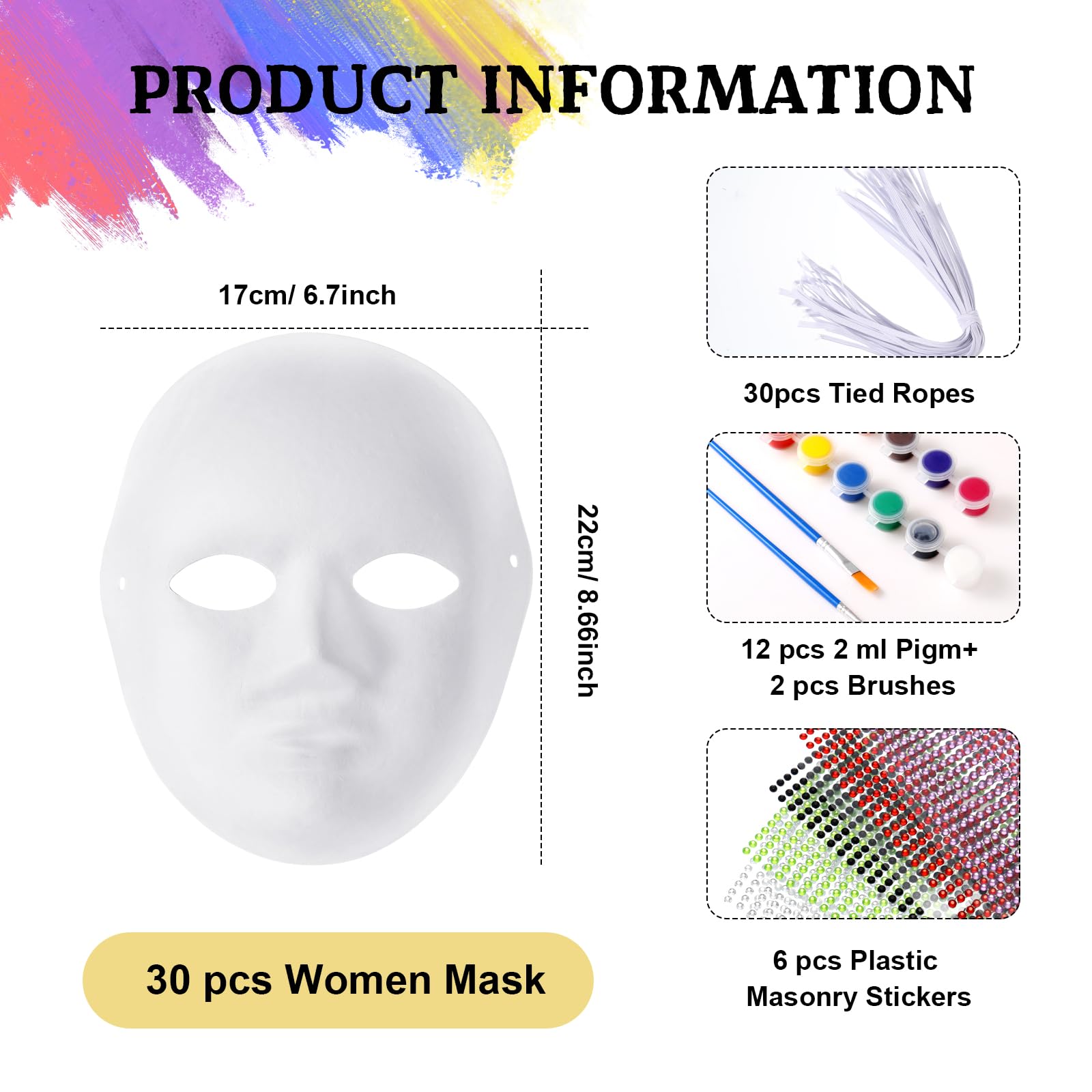 Qilery 30 Pcs White Blank Paper Mache Masks DIY Paintable Paper Mask ...