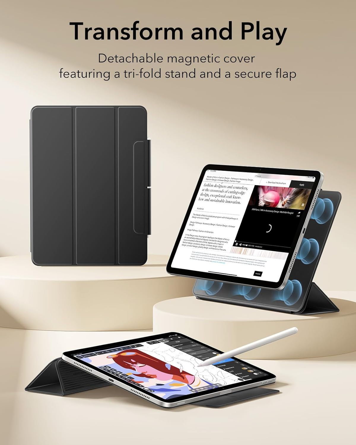 ESR for iPad Air 13 Inch Case M3/M2 (2025/2024), iPad Pro 12.9 6th/5th/4th Gen, Powerful Magnetic Attachment, Slim Trifold Stand Case, Supports Pencil Pro & Pencil (USB-C), Rebound Series, Black - Image 3