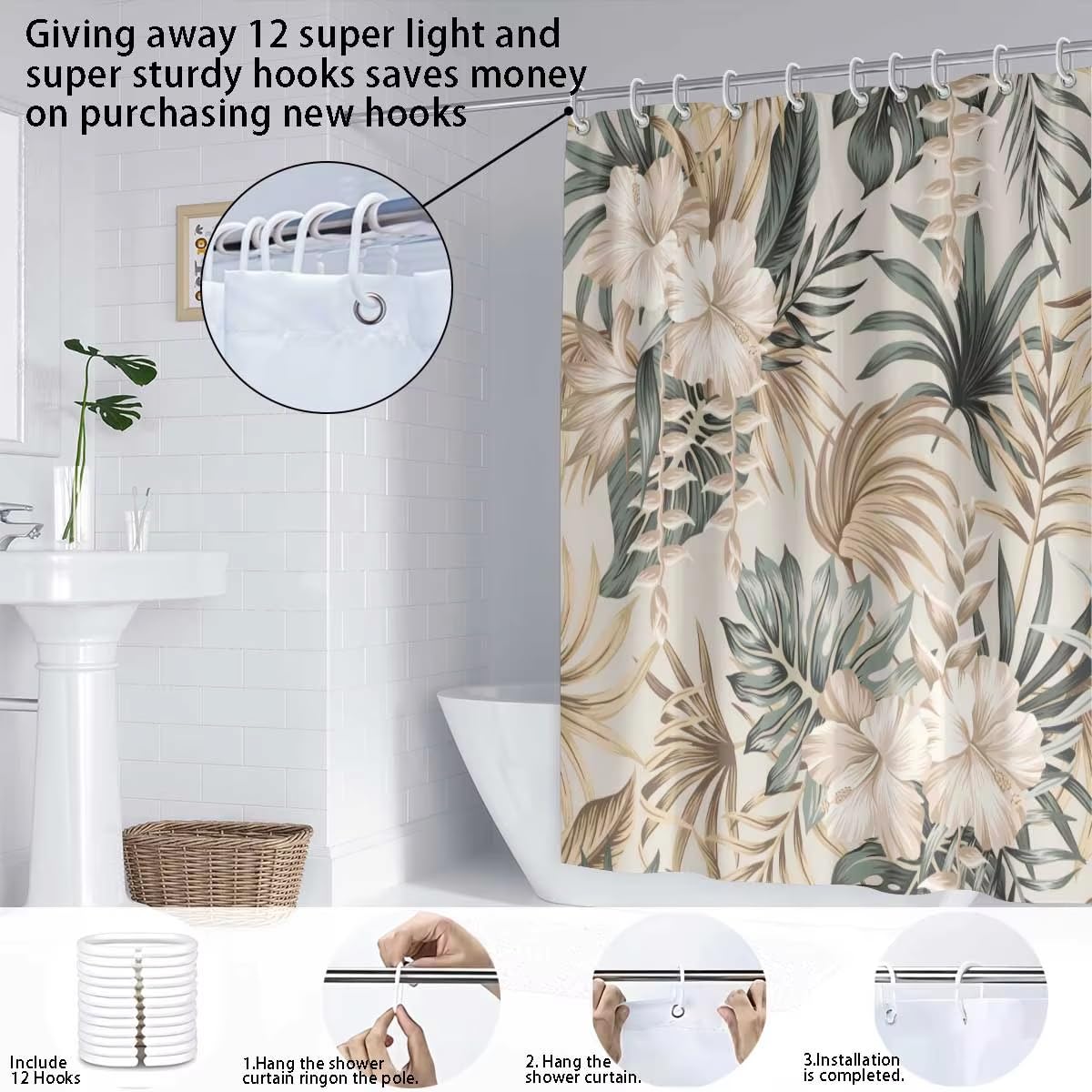 1 Rideau de Douche à Motif Floral Monstera Deliciosa, avec Crochets, Lavable, pour préserver Votre intimité (300 x 180 cm/imperméable)