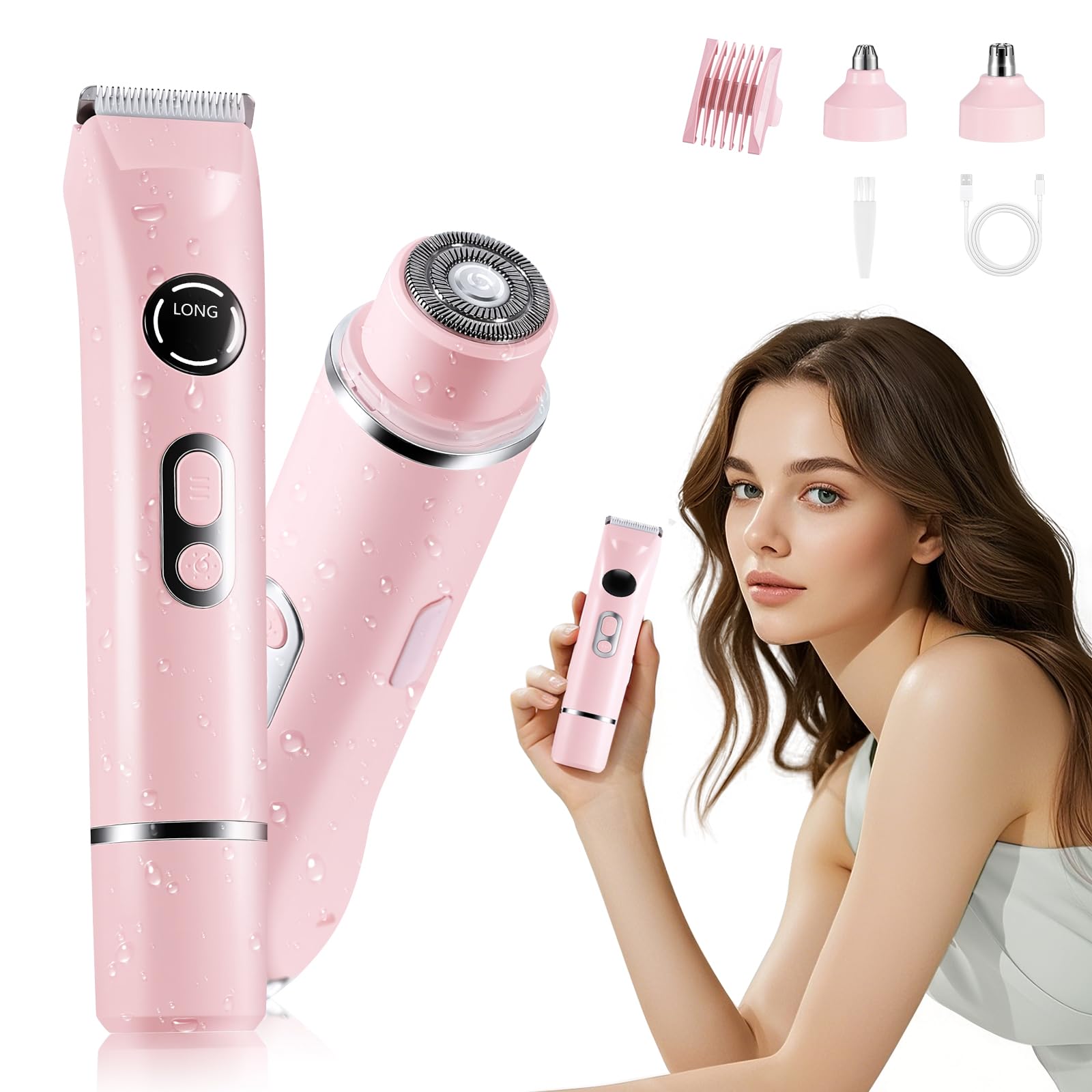 Afeitadora Eléctrica Mujer 4 en 1 Recortadora Corporal Mujer Maquinilla para Bikini Impermeable con Pantalla LED y USB-C IPX7 Utilizable en seco/mojado Afeitadora Mujer para Cuerpo, Bikini, Facial